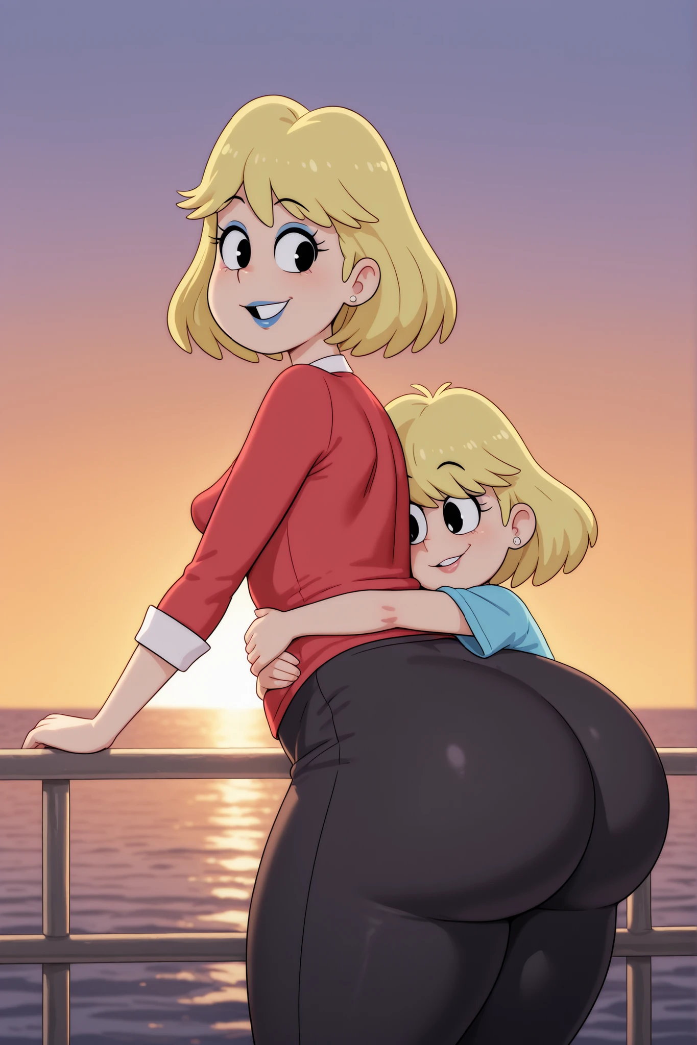 rita loud, mature woman, blonde hair, solo, short hair, medium saggy breasts, gigantic hips. gigantic ass. black eyes, blue makeup, earrings, fat. | absurdres, sensitive, titanic hug, hug from behind, couple, hetero, 1young femboy(small breasts), the difference in size, the difference in age. 1matyre girl, smile, parted lips, leaning forward, standing on ship, ocean, sunset, against railing, shirt, short