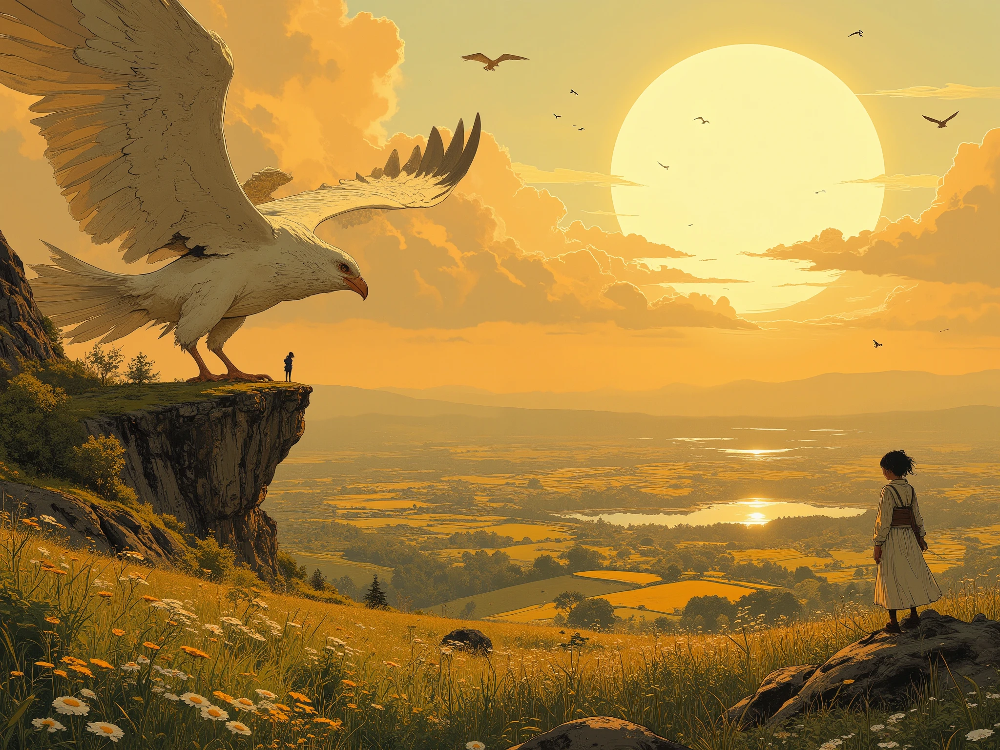 very wide shot, fantasy world, Golden, sunrise, dew-kissed, meadows, serene, morning, magnificent panorama view, flock of birds, a girl riding huge white bird, (overlooking:1.3), pixel art