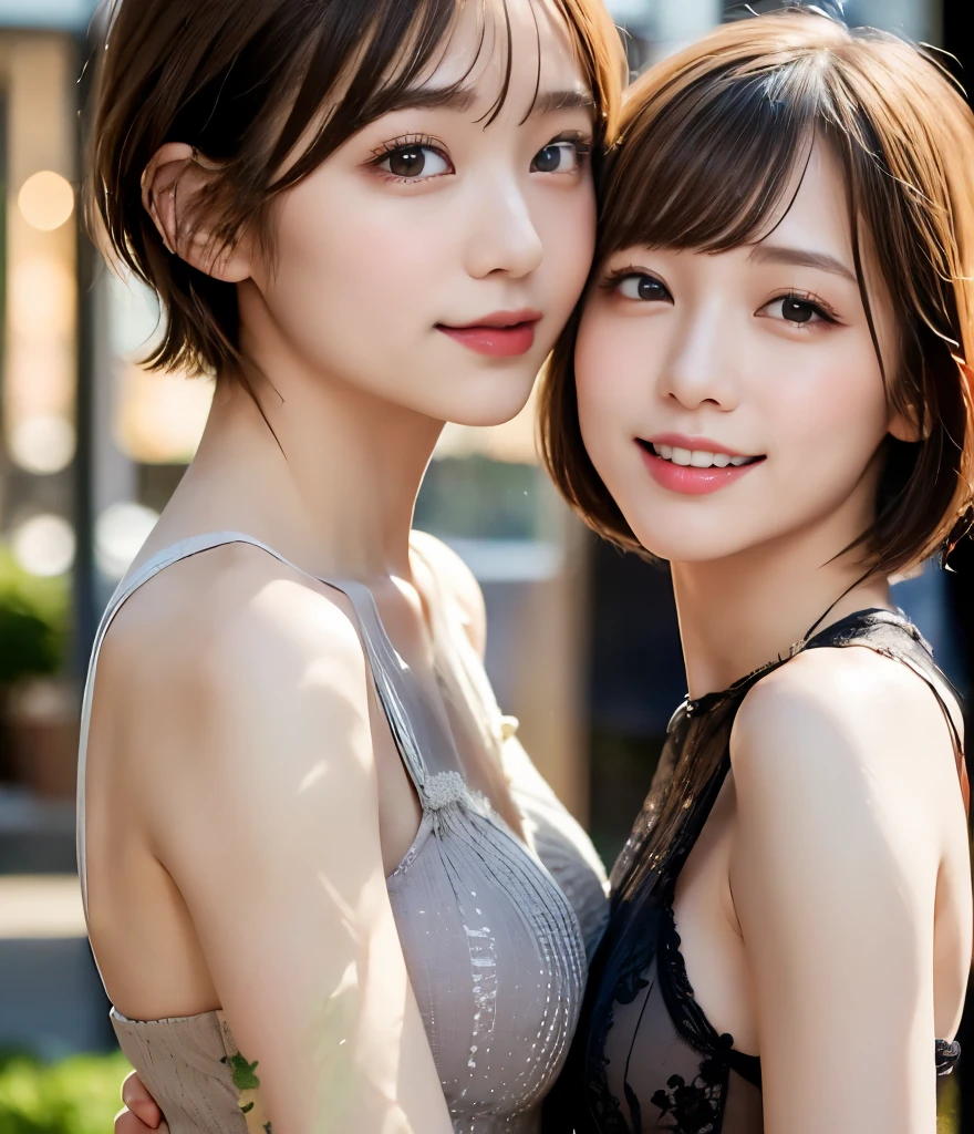 Highest Quality、8k、Highest Quality、professional lighting、natural light、super high resolution、Clear Photo、beautiful and delicate skin、no makeup、thin、so cute3people々々、(Bian、homosexuality、They Love Each Other)、white skin、(very short hair:1.6)、brown hair、(small breasts、flat chest)、Erect Nipples、 Elegant Appearance 、(affectionate3people々々:1.8、{{kissu3people々々:1.8、hugging:1.8、 Press your lips against it :1.6)、detailed background、idol group members3people:1.6、(I'm wearing white underwear:1.8、Small underwear、See-Through Underwear)、Full body photo、(joy、ecstasy)