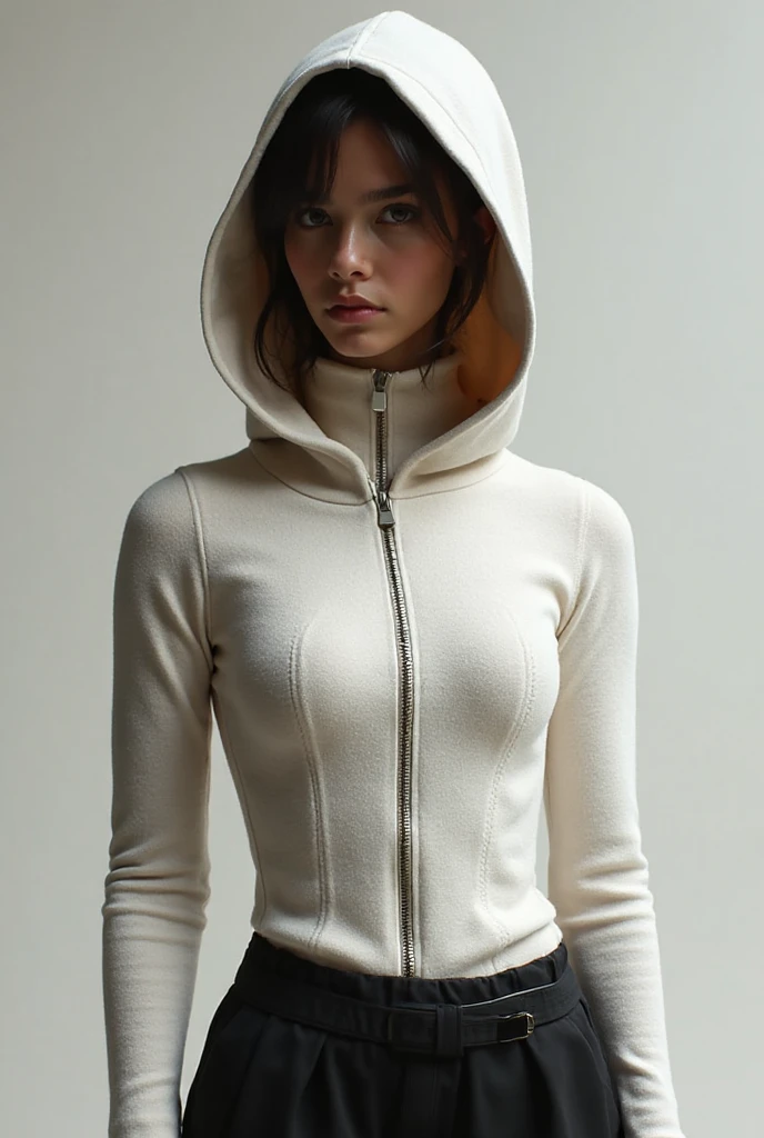 A Chinese adult girl wears white prisoner lycra turtleneck unitard catsuit covered with black prisoner stripes.She always wear prisoner lycra dancewear unitard hijab-like hood.