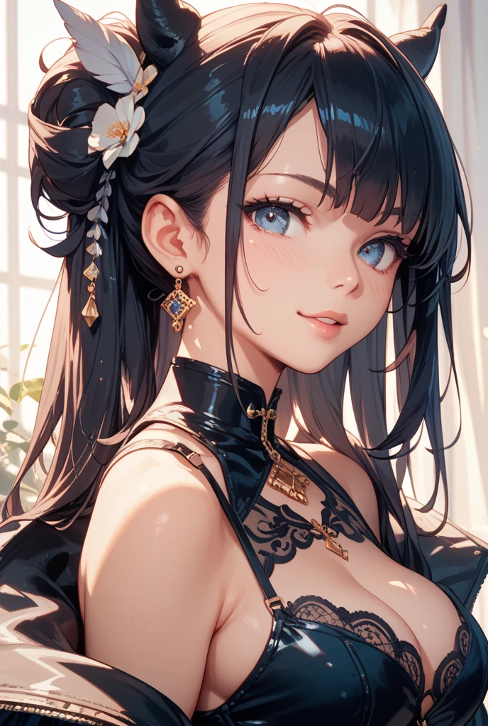 (photorealistic:1.4), (masterpiece, sidelighting, finely detailed beautiful eyes: 1.2), masterpiece*portrait, realistic, 3d face,
ganyu \(genshin impact\), 1girl, ahoge, architecture, bangs, bare shoulders, bell, black gloves, black pantyhose, (blue hair), blush, breasts, chinese knot, detached sleeves, flower knot, gloves, horns, long hair, looking at viewer, medium breasts, neck bell