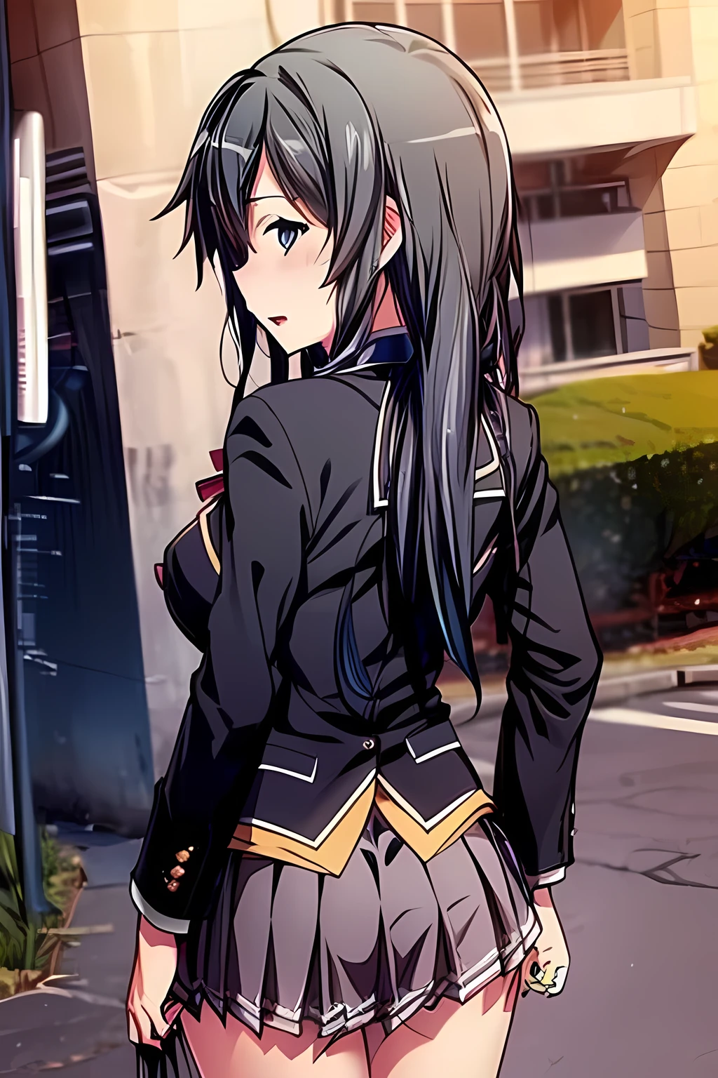 from behind,looking_back,open mouth,yukinoshita_yukino, long_hair, black_hair, red_ribbon,blue eyes,(sobu high school uniform),((uiharu_kazari)),((masterpiece))), ((best quality)), (ultra-detailed), ((an extremely delicate and beautiful)),(unity 8k wallpaper),street,walking,pleated_skirt