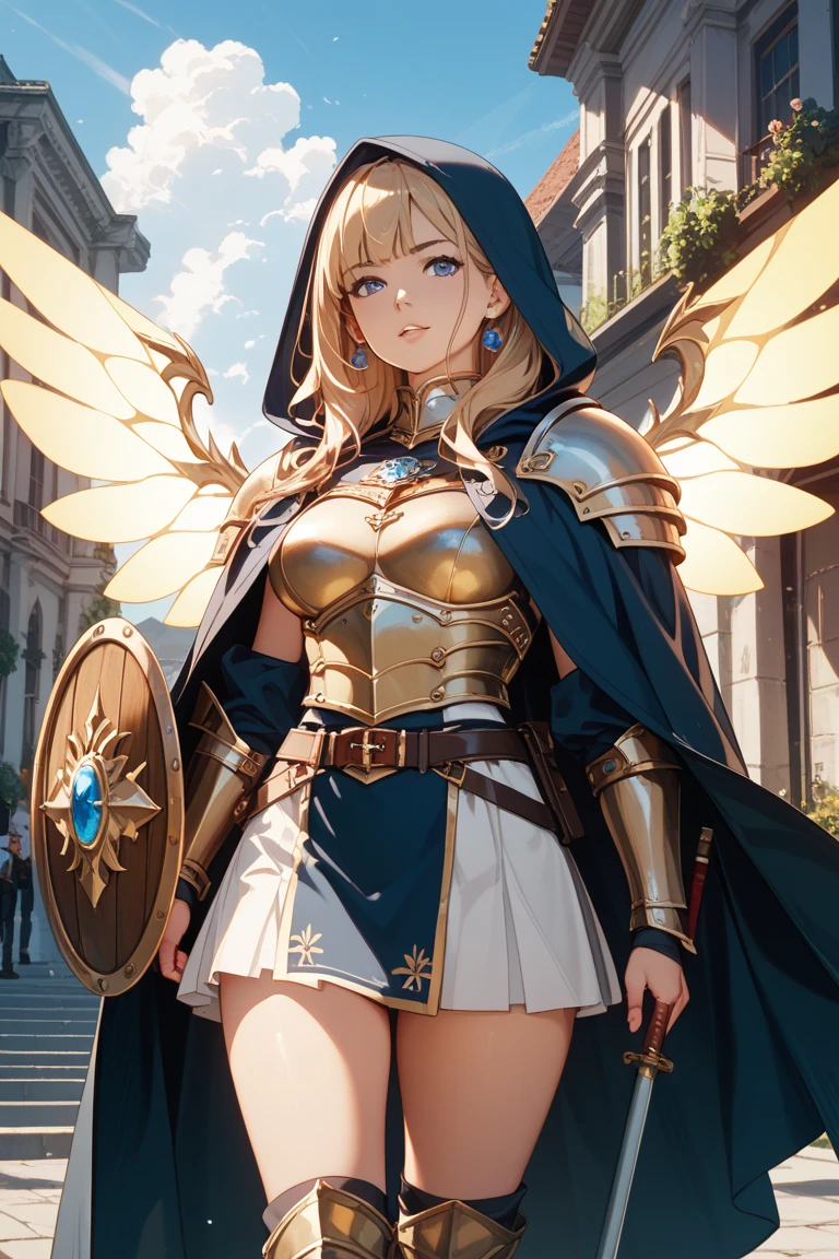 (masterpiece, best quality, detailed background, intricate details), floating golden castle, 1girl, angel, blonde hair, blue eyes, glowing halo, large glowing wings, white toga,