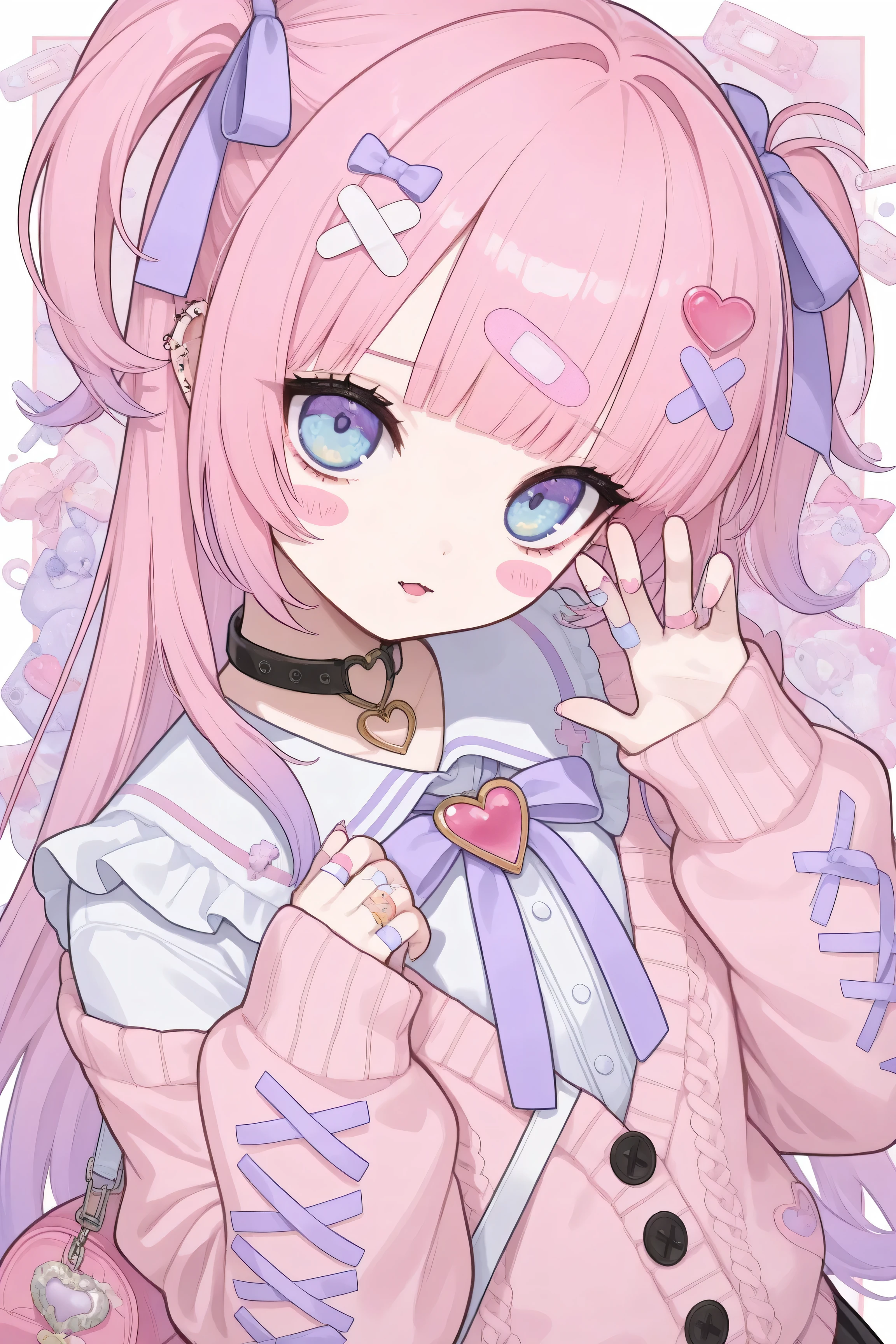 Yellow quilted cardigan, white blouse frilly sleeves, golden heart button, light purple ribbon, twin tail, subculture, cute girl,、pastel hair, pink mesh, perm, bob hair, light blue eyes, cute dreams,pastel, pastel goth, yami kawaii, yami kawaii fashion,1girl,solo,cute,kawaii, harajuku fashion, bandaids, bandages,stylized,(Comic panel), shoujo,:3,bandaid,blush stickers,Fancy backgrund,
BREAK yamikawaii,masterpiece,best quality,ultra detailed,ultimate quality,art style,fantasic illustration,Beautiful eyes,long eyelashes,One thumb and four fingers,warm and vibrant colors,perfect composition,b,Decora