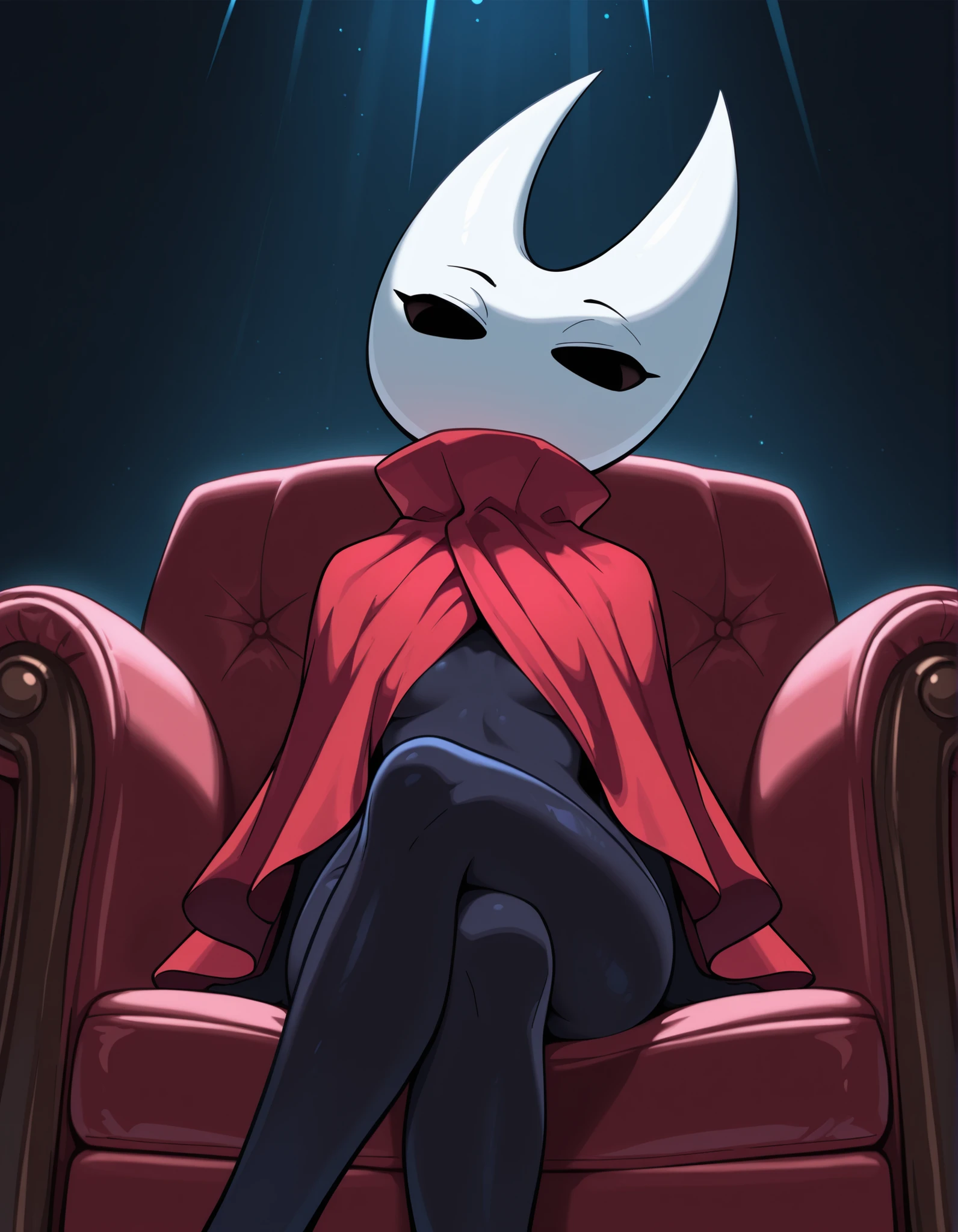 hornet_hollow_knight, hornet_(hollow_knight),, 2d, masterpiece, best quality, amazing quality, very aesthetic, absurdres, newest, ultra-detailed, (small, short, petite), 1girl, (solo),  ((no mouth)), red cloak covering upper body, thin legs, BREAK  blue light, romantic lighting BREAK smug look, looking at viewer, (power pose), smalling lily, sitting on sofa chair, head tilt, (front view), low angle view, leaning back, crossed legs,,  blue neon, blue featureless crotch, nude