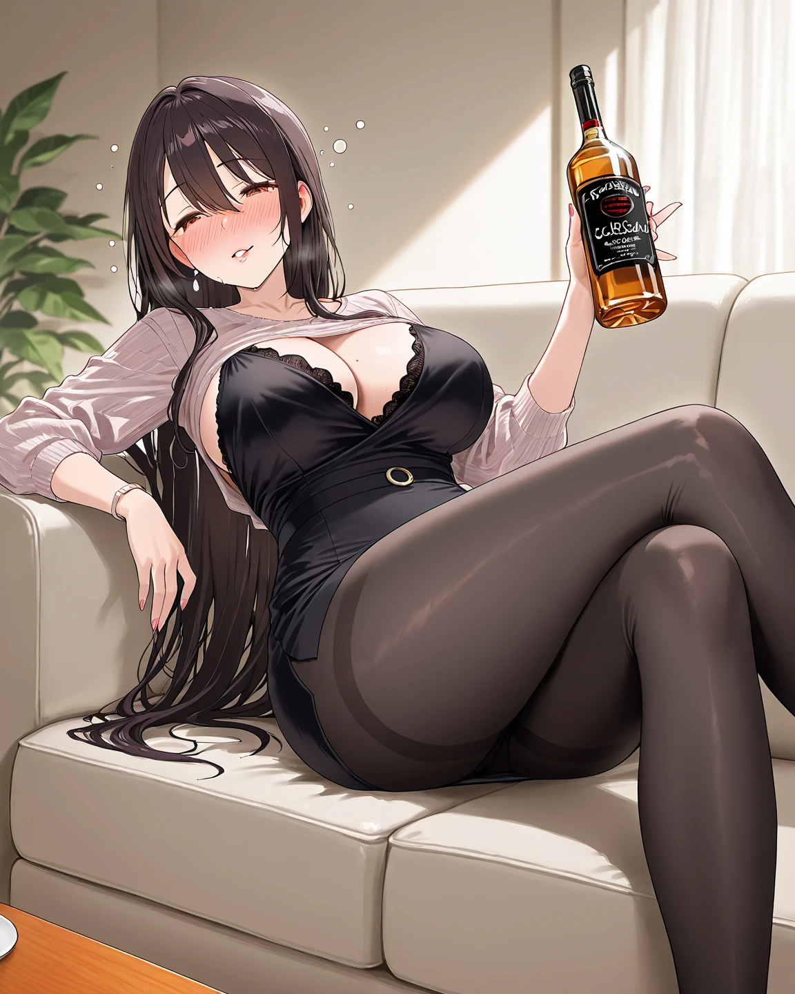 ((masterpiece)), Highest quality, Very detailed,(One Girl), Yui Takamura、 Long Hair,Beautiful background ,Completely naked, garter belt, stockings, Stiletto heels, chest, Bent body、Lie in, Look to the side, Worried face, Female genitals in full view, Drunk look, Hot body、Sweaty、Spread your legs、Opening the vagina with your fingers、Female genitalia seen deep inside、 Browsing Caution,
