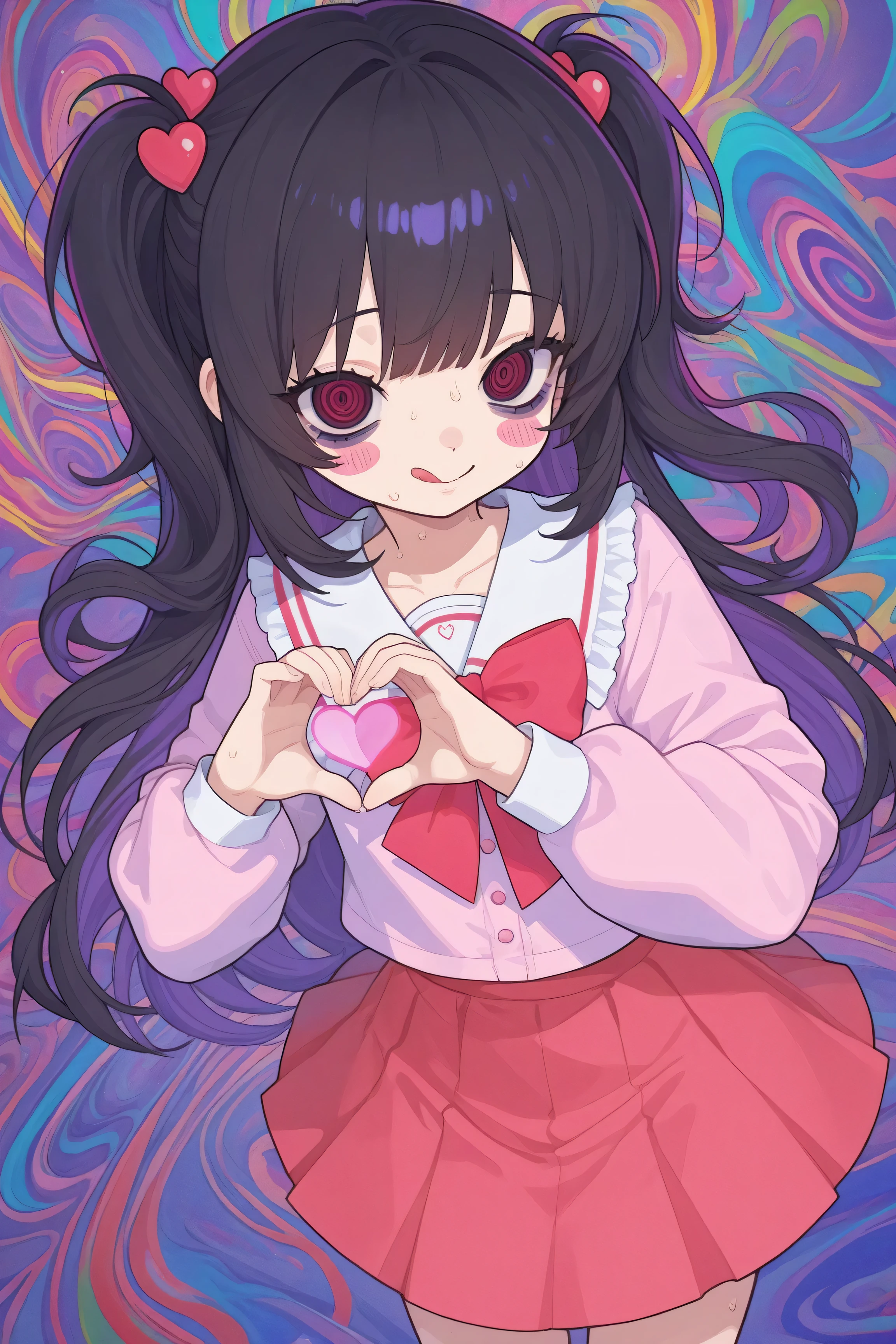 1girl,solo,(dynamic angle:1.4),yandere,cartoon style, high contrast, colorful, cute little girl, loving so much, eccentric love, psychedelic love,heart hands, heart sign by both hands, staring, sweaty,(phollow eyes),lovestruck,licking lips,blush stickers,cowboy shot,
BREAK yamikawaii,masterpiece,best quality,ultra detailed,ultimate quality,art style,fantasic illustration,Beautiful eyes,long eyelashes,One thumb and four fingers,warm and vibrant colors,perfect composition,bags under eyes