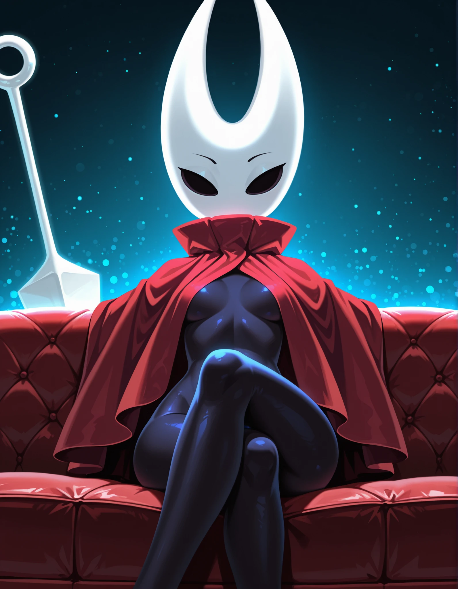 hornet_hollow_knight, hornet_(hollow_knight),, 2d, masterpiece, best quality, amazing quality, very aesthetic, absurdres, newest, ultra-detailed, (small, short, petite), 1girl, (solo),  ((no mouth)), red cloak covering upper body, thin legs, BREAK  blue light, romantic lighting BREAK smug look, looking at viewer, (power pose), smalling lily, sitting on sofa chair, head tilt, (front view), low angle view, leaning back, crossed legs,,  blue neon, blue featureless crotch, nude