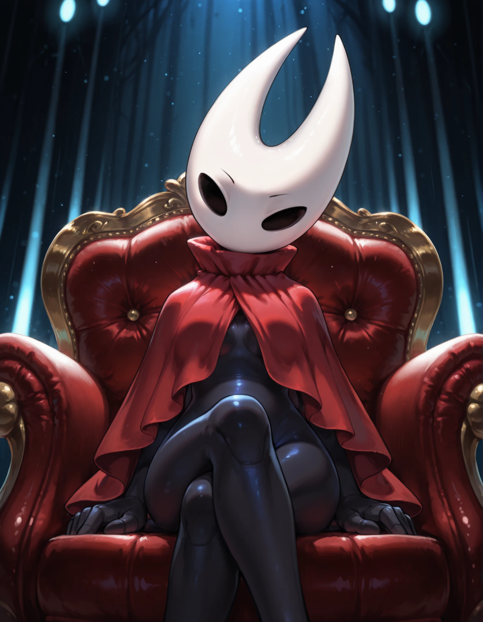 hornet_hollow_knight, hornet_(hollow_knight),, 2d, masterpiece, best quality, amazing quality, very aesthetic, absurdres, newest, ultra-detailed, (small, short, petite), 1girl, (solo),  ((no mouth)), red cloak covering upper body, thin legs, BREAK  blue light, romantic lighting BREAK smug look, looking at viewer, (power pose), smalling lily, sitting on sofa chair, head tilt, (front view), low angle view, leaning back, crossed legs,,  blue neon, blue featureless crotch, nude