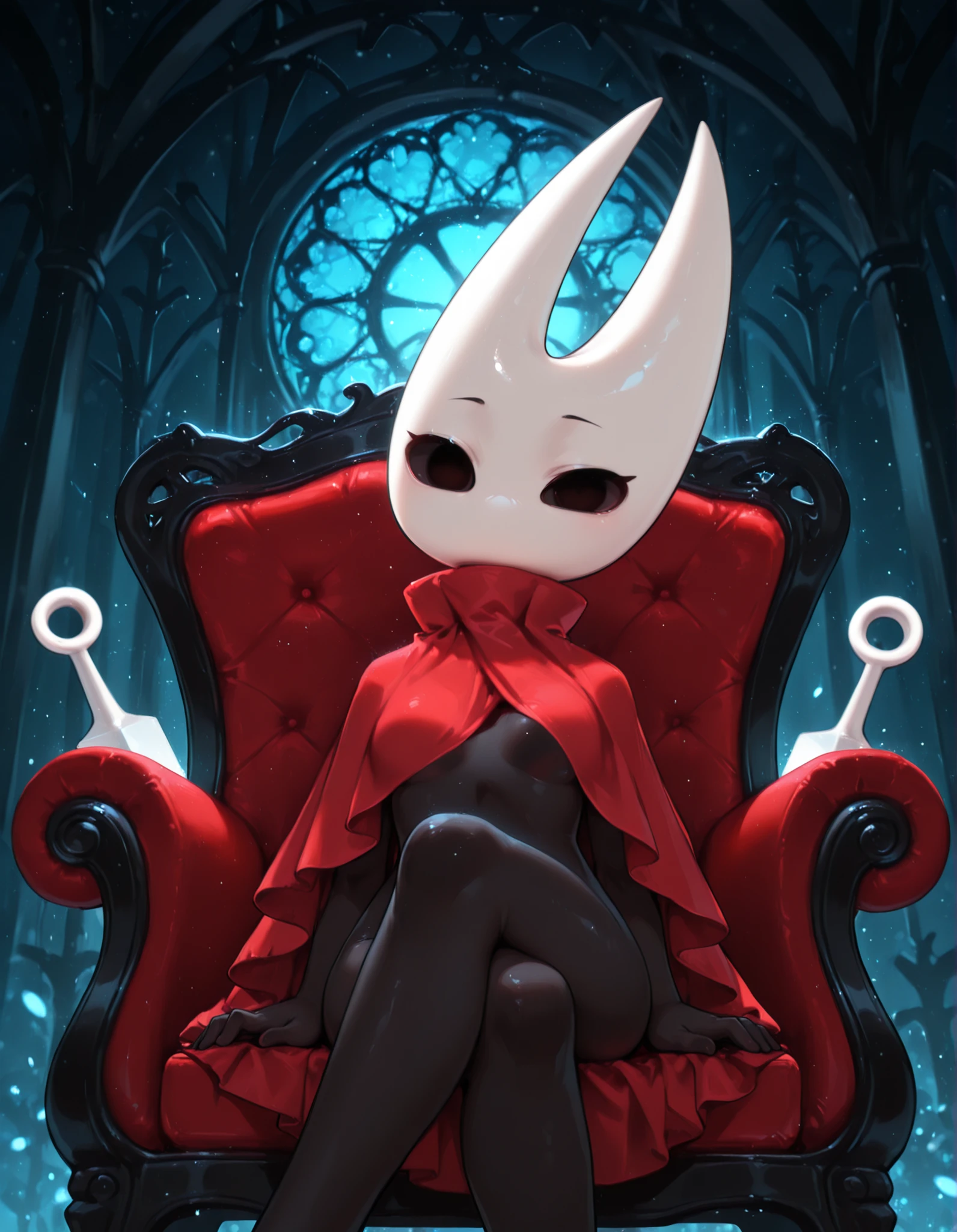 hornet_hollow_knight, hornet_(hollow_knight),, 2d, masterpiece, best quality, amazing quality, very aesthetic, absurdres, newest, ultra-detailed, (small, short, petite), 1girl, (solo),  ((no mouth)), red cloak covering upper body, thin legs, BREAK  blue light, romantic lighting BREAK smug look, looking at viewer, (power pose), smalling lily, sitting on sofa chair, head tilt, (front view), low angle view, leaning back, crossed legs,,  blue neon, blue featureless crotch, nude