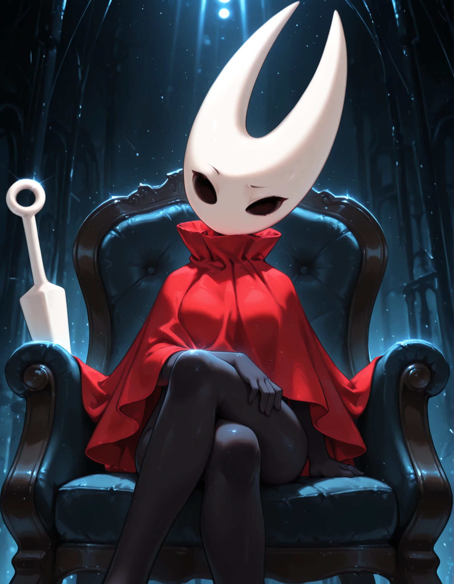 hornet_hollow_knight, hornet_(hollow_knight),, 2d, masterpiece, best quality, amazing quality, very aesthetic, absurdres, newest, ultra-detailed, (small, short, petite), 1girl, (solo),  ((no mouth)), red cloak covering upper body, thin legs, BREAK  blue light, romantic lighting BREAK smug look, looking at viewer, (power pose), smalling lily, sitting on sofa chair, head tilt, (front view), low angle view, leaning back, crossed legs,,  blue neon, blue featureless crotch, nude