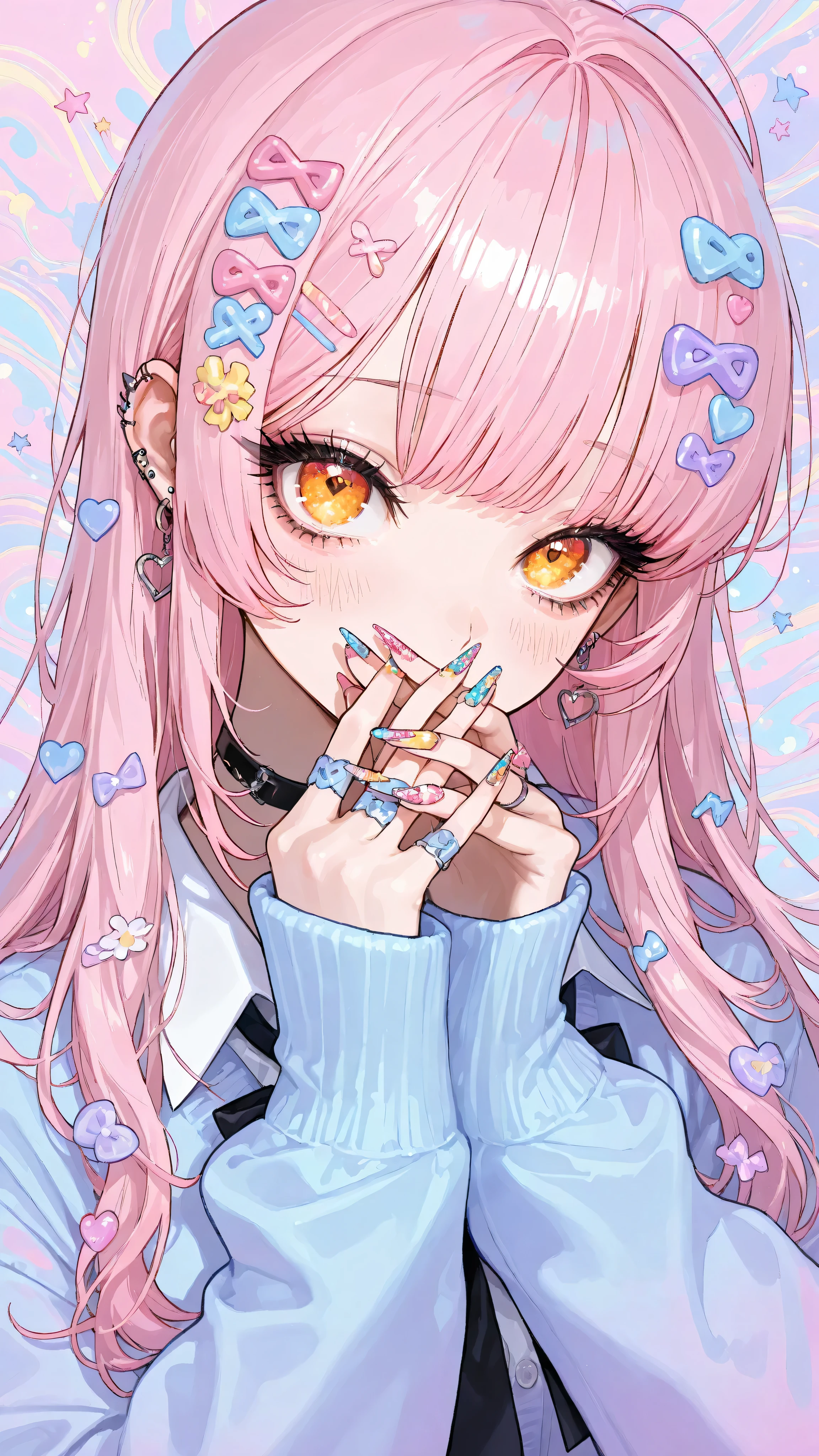 1Girl,solo,long hair,cute eyes,upturned eyes,long eyelashes,gyaru,blush,embarrassed,(covering own mouth),(beautiful eyes),(beautiful hair),(+_+ pupils)
,soft shading,pastel colors, pastel background,nails,beautiful nails,fake nails,nail art,Decoration nail,beautiful finger,lovestruck,
BREAK yamikawaii,masterpiece,best quality,ultra detailed,ultimate quality,art style,fantasic illustration,Beautiful eyes,long eyelashes,(One thumb and four fingers),warm and vibrant colors,perfect composition,b,Decora,(bags under eyes:0.6),