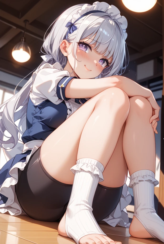 Masterpiece, Top Quality, Ultra Detail, Beautiful Lighting, One Girl, City, Cool Lighting, Short White Hair, Light Blue Eyes, Blank Expression, {White T-Shirt, Dowel Dabo Clothes, Mini Skirt}, Watch Viewer, (Straight Hair, Long Hair), Hair Above One Eye, Parted Lips, (Beautiful Smile, Spoiled Face), Glitter, {{Bare Feet}}, Narrow Waist, Loli, Petite, Junior High School