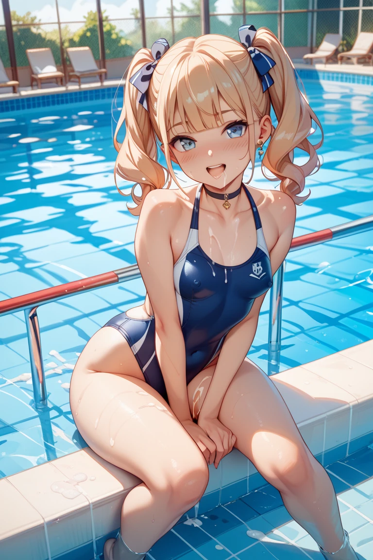 Highest quality,Highest Resolution,Sailor leotard(((2People and above)))A beautiful girl with a crying face,High leg,(((Tback))),Very beautiful eyes,Competition Pool,(((Holding a drink in your hand))),(((Open your mouth and drool))),sunny,blue sky,sweat profusely,Red tie,whole body,