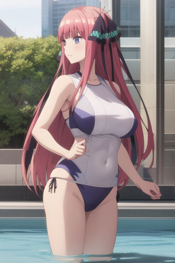 ((best quality)),((highly detailed)),masterpiece,absurdres,detailed face,beautiful face,(detailed eyes, deep eyes),1girl,((dynamic pose)) , <lora:MafuyuV1:0.7>,Mafuyu, swimsuit, long hair, one-piece swimsuit, red hair, solo, ass, blue eyes, school swimsuit, blush, braid, flower, sweatdrop, hair ornament, blue one-piece swimsuit, cowboy shot, breasts, looking at viewer, standing, thighs, medium breasts, embarrassed, bangs, bare shoulders