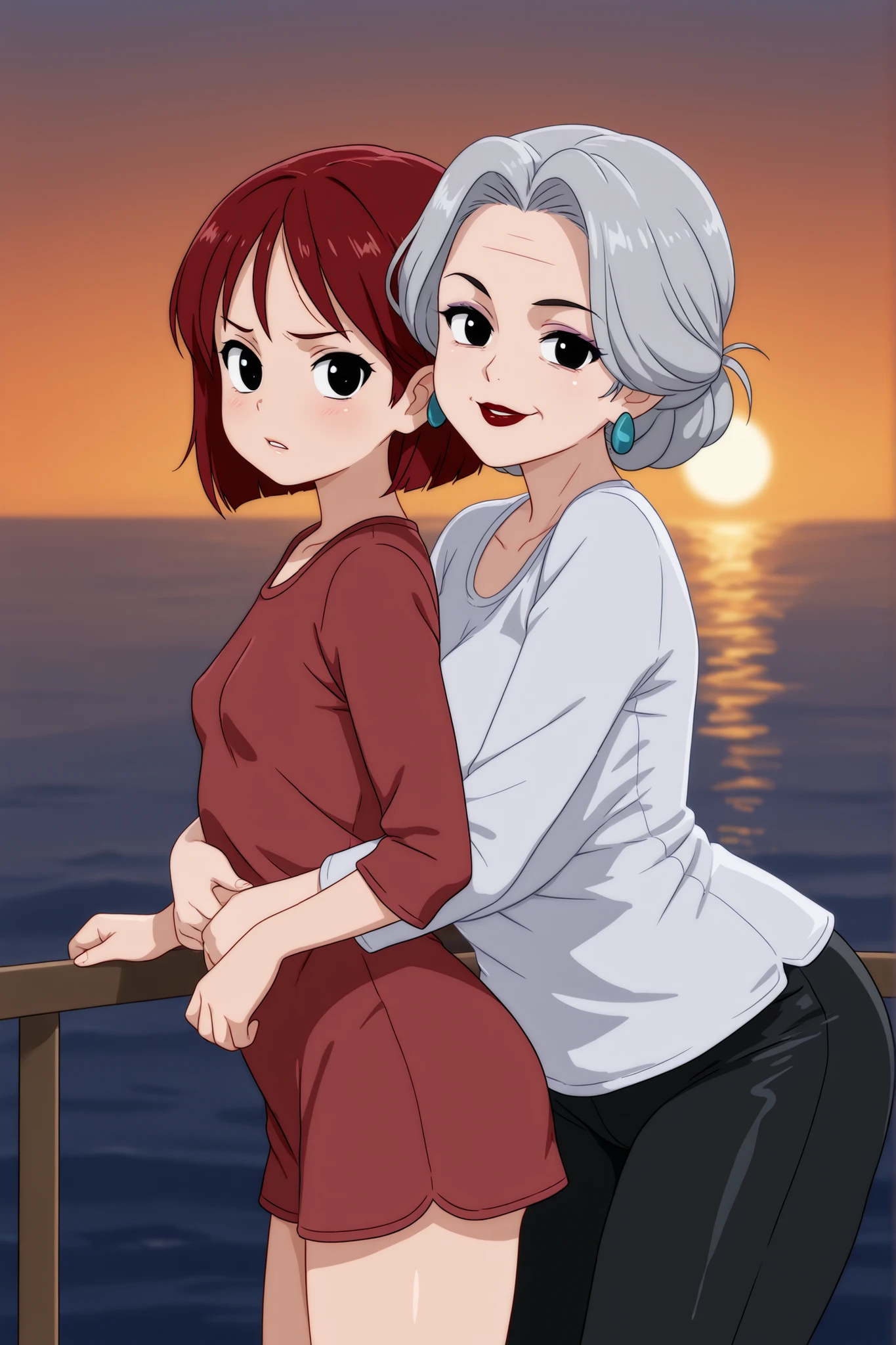 Grandma. gray hair, black eyes, short hair, dark red lips, wrinkles, earrings, makeup, huge saggy breasts, cowboy shot, frown ,looking at viewer, masterpiece, best quality, amazing quality, old woman and young femboy.| absurdres, sensitive, titanic hug, hug from behind, couple, hetero, 1young femboy(small breasts), the difference in size, the difference in age. 1matyre girl, smile, parted lips, leaning forward, standing on ship, ocean, sunset, against railing, shirt, short