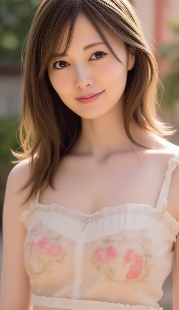 (RAW photo, highest quality), , Sheer dress, Narrow waist、necklace, 、very delicate and beautiful, soft light, (brown hair, short hair swaying in the wind, bangs), beautiful detailed girl, (finger details), highly detailed eyes and face, beautifully detailed nose, beautiful and detailed eyes, 1 girl, Japanese, Neat beauty, cute, young, smile, , (medium breasts), realistic face, realistic body, , The hair on the skin shines、rough skin、mole on face and chest、One piece swaying in the wind、stare at the camera、Narrow waist
