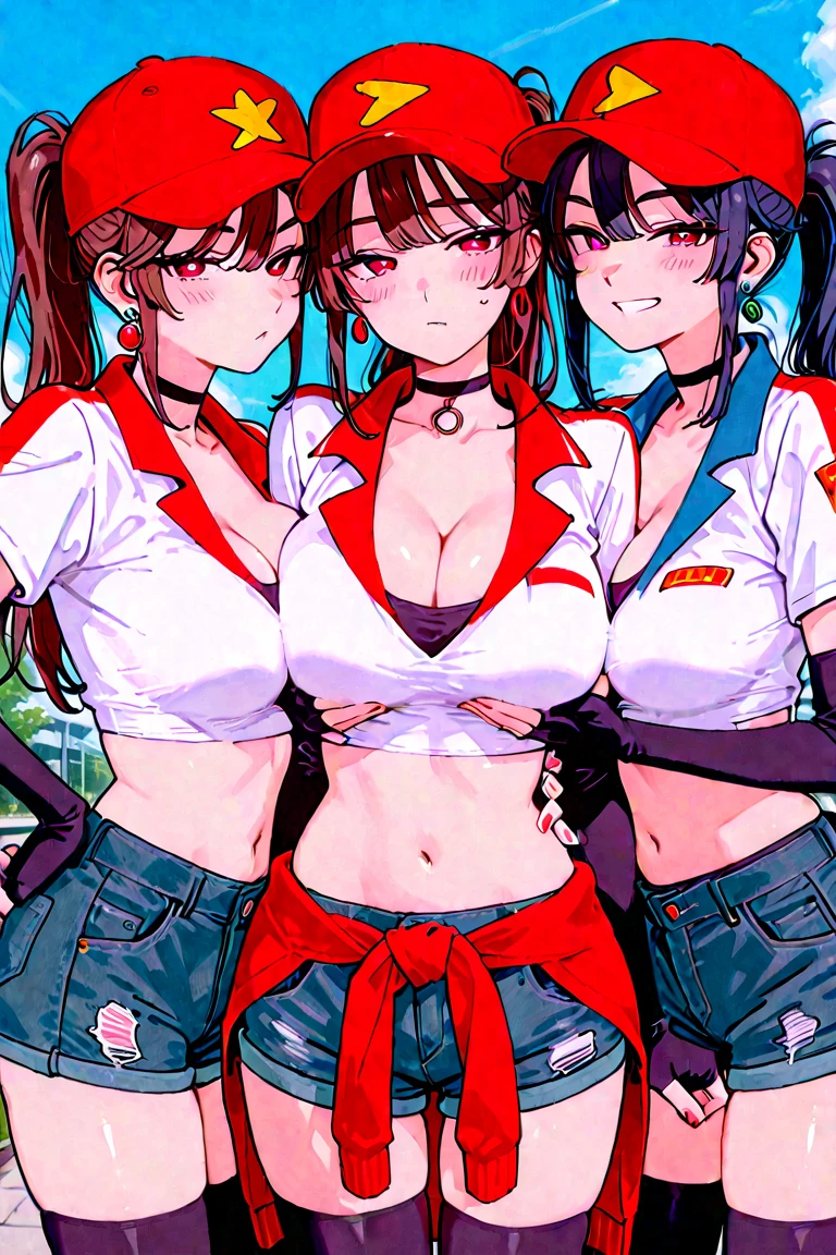 best quality, masterpiece, 3 girls, random poses, (tongue out:1.2), (drooling:1.3), (low twintails hair with bangs:1.3), fluorescent red and white colored bikini, (medium breast:1.2), solid red background