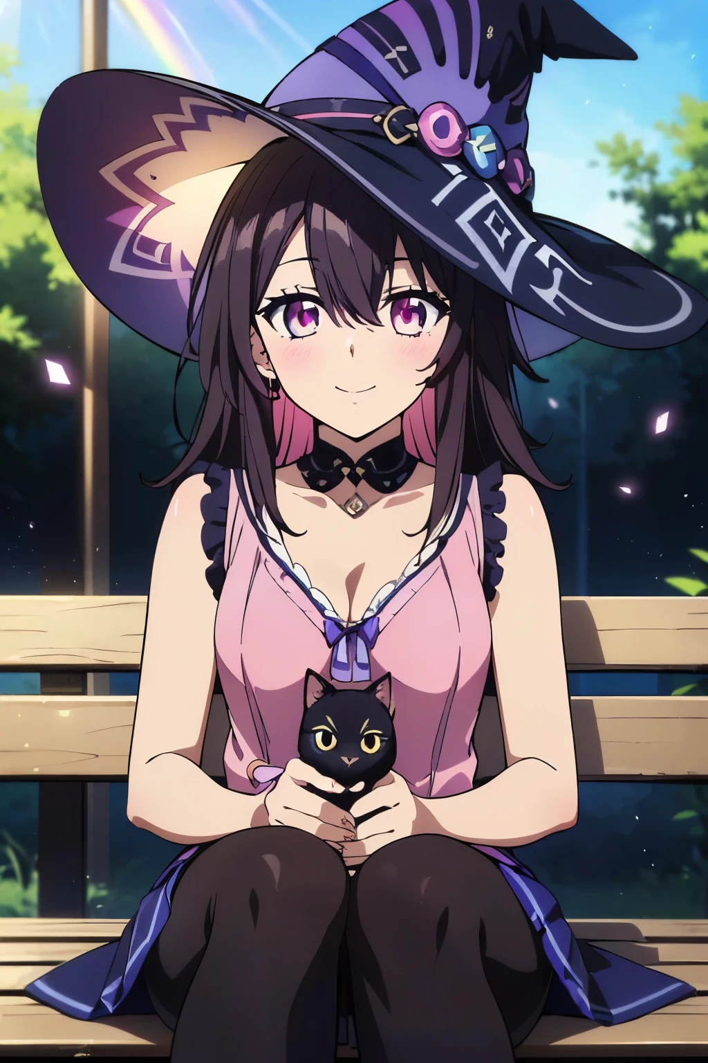 (highest quality, 8k, High resolution, masterpiece:1.2), Anime art style, Hyper Detail, himeragi yukina, Hair between the eyes, Medium Hair, 1 girl, Perfect Face, eye_Light_big, Small medium breast, Soft impression, alone, ( A woman holding a black cat in her arms, sitting on a bench in the park, smiling, blushing), ((close up of a girl)), smile, happy, sweet, portrait, ((magic runes, glowing runes, colorful runes)), ((magic runes on arms)), ((holding wand, raise your wand)), ((colorful splash effect, swirling colorful particles)), colorful eyes, glowing eyes, ((dark purple witch hat)), messy hair, ((colorful hair, stark hair, glowing hair)), very long hair, ((dark purple robe with pink trim, sleeveless pink blouse, purple skirt, mismatched brown and light blue leggings)), ((clothes with colorful accents)), ((skirt with colorful trimmings)), ((light particles, colorful particles)), dynamic illustration, dramatic lighting, 