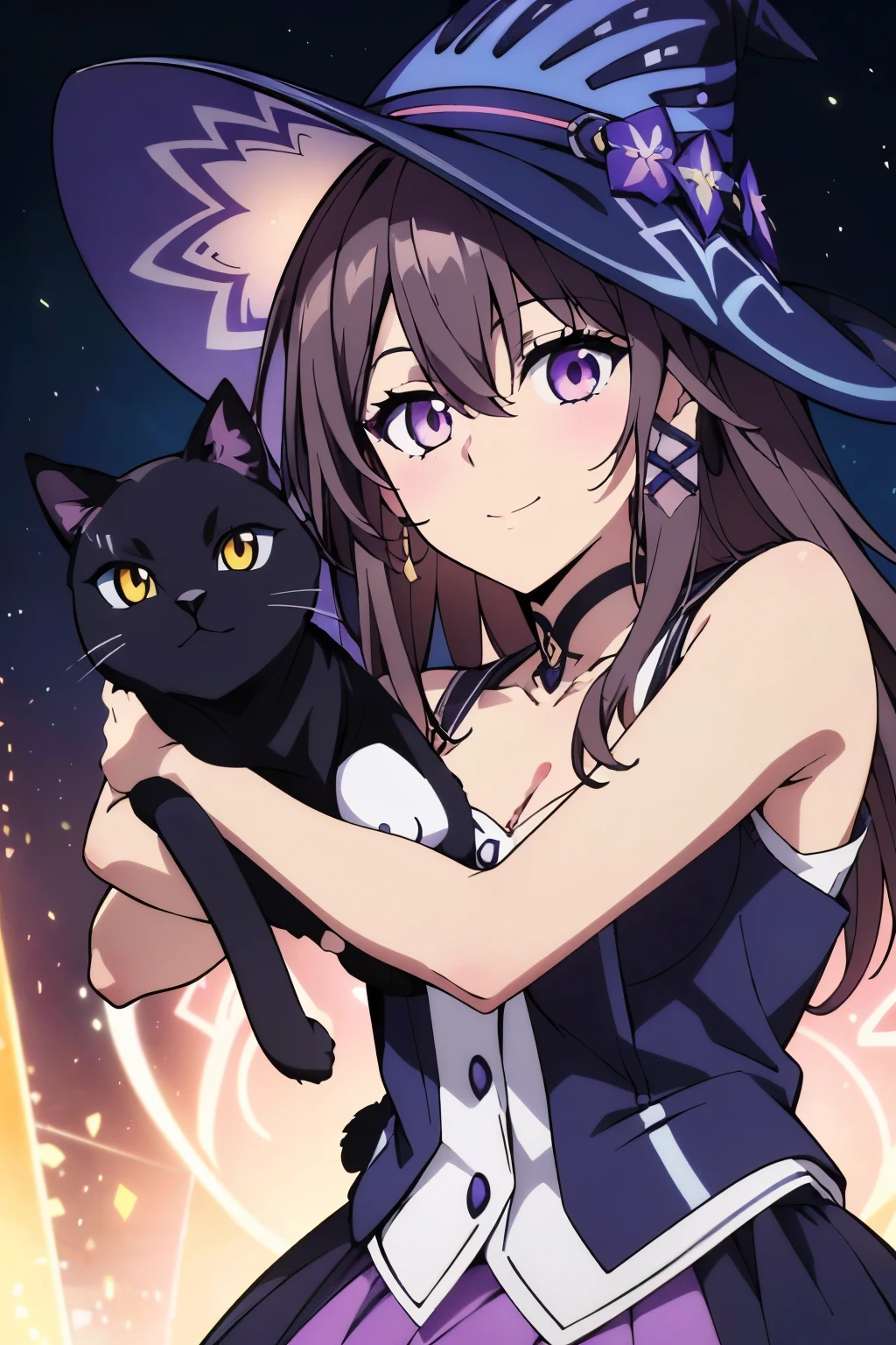 (highest quality, 8k, High resolution, masterpiece:1.2), Anime art style, Hyper Detail, himeragi yukina, Hair between the eyes, Medium Hair, 1 girl, Perfect Face, eye_Light_big, Small medium breast, Soft impression, alone, ( A woman holding a black cat in her arms, a black cat), ((close up of a girl)), smile, happy, sweet, portrait, ((magic runes, glowing runes, colorful runes)), ((magic runes on arms)), ((colorful splash effect, swirling colorful particles)), colorful eyes, glowing eyes, ((dark purple witch hat)), messy hair, ((colorful hair, stark hair, glowing hair)), very long hair, ((dark purple robe with pink trim, sleeveless pink blouse, purple skirt, mismatched brown and light blue leggings)), ((clothes with colorful accents)), ((skirt with colorful trimmings)), ((light particles, colorful particles)), dynamic illustration, dramatic lighting, 