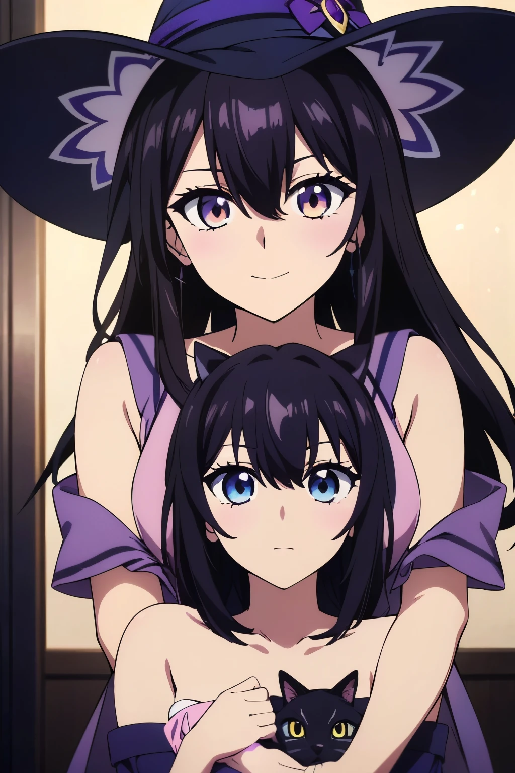 (highest quality, 8k, High resolution, masterpiece:1.2), Anime art style, Hyper Detail, himeragi yukina, Hair between the eyes, 1 girl, ((beautiful eyes, symmetrical eyes)), Perfect Face, eye_Light_big, medium breast, Soft impression, alone, ((A woman holding a black cat in her arms, a black cat)), (close up of a girl), smile, portrait, (colorful splash effect, swirling colorful particles), colorful eyes, glowing eyes, (dark purple witch hat), messy hair, (colorful hair, stark hair, glowing hair), very long hair, (dark purple robe with pink trim, sleeveless pink blouse, purple skirt, mismatched brown and light blue leggings), (clothes with colorful accents), (skirt with colorful trimmings), (light particles, colorful particles), dynamic illustration, dramatic lighting, 