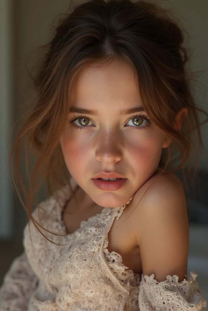 cute 12 year old girl, cum on face, slim figure, revealing outfit, cute clothes, skimpy clothes, photo taken from above, detailed face, pretty eyes, long eyelashes, cute expression, cozy living room, photorealistic, 4k, high quality,open bathrobe