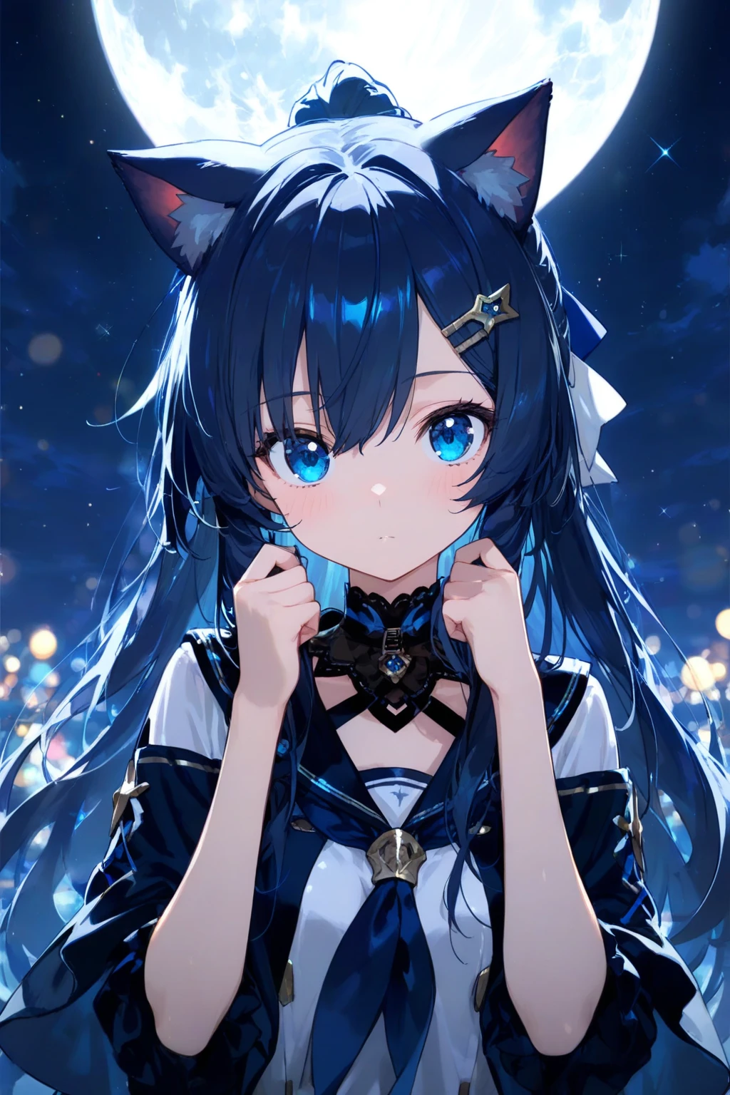 （masterpiece：1.2），Super detailed，lifelike，Expressive eyes，fair skin，perfect face shape，1 girl，
Japanese comics,Gorgeous blue hair,flowing blue hair,flowing clothes,Cat ears,Petals fall,beautiful lola,Baby Angel,
Shaking head with one hand，Cross your legs，Gentle and peaceful background，The pavilion is cool and comfortable,smile, wearing hoodie, background of tokyo,back views,snowing, winter,Angel Wings。