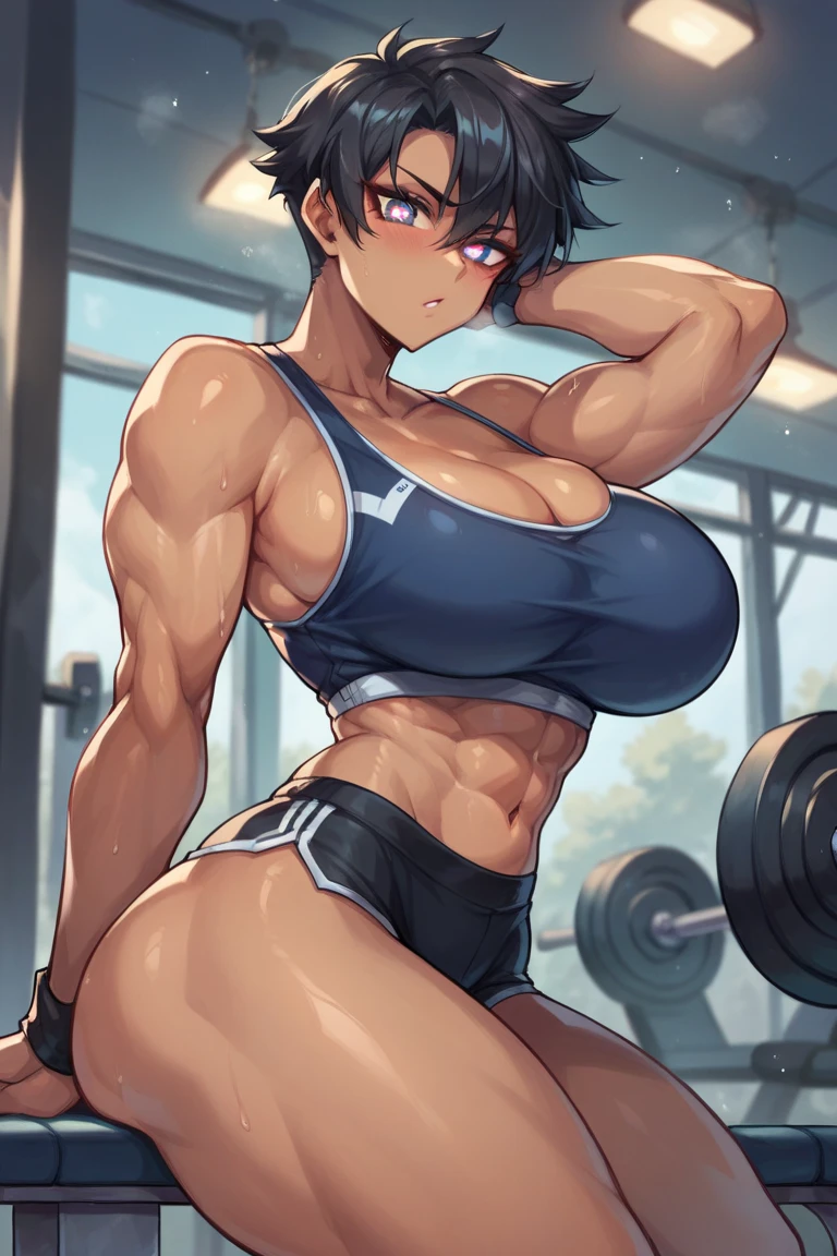 1woman, bangs, ponytail, mature female, very large breast, naked body, shorts, surgical gloves, nipples, strong, muscular, large, muscular abs, muscular thighs