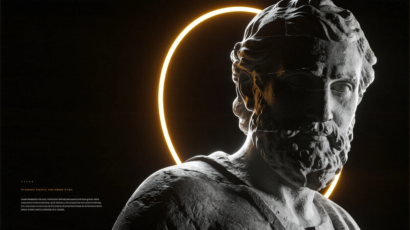 A realistic looking black marble statue of a man facing forwards with a glowing halo behind brimming with power illuminating the space behind him, the marble is polished and gorgeous, all details carved are phenominal and professional, studio quality photo, photorealism, created for the cover of an EDM album, --ar 4:5 --v 6.0 --s 250