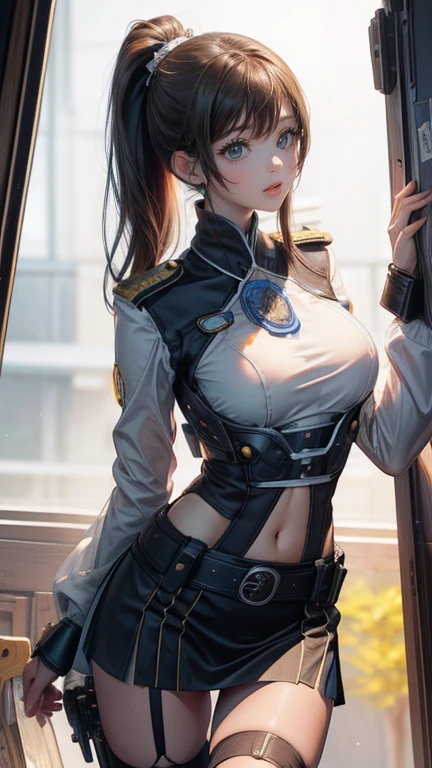 1 girl, best quality, highres, textured skin, 8k, Anatomically correct, masterpiece:1.2, photo-realistic:1.2, acrobatic pose, super realistic details, Realistic proportions, extremely detailed face, round face, round eyes, glamorous body, curvy:1.2, looking at viewer, (((female special forces soldier, highly intricate detail special forces costume, heavy Armed woman:1.5, Woman armed with gun:1.2, combat suit with various decorations:1.5, special forces crest:1.5, modern equipment, tactical vest ,military harness, magazine belt, mechanical parts, Telecommunications equipment,))) Confident smile, stylish hair, large breasts, cleavage, gleaming skin, TOKYO of cyberpunk, 2080s, night scene, Beautiful Neon Lights, Hotel room with night view from the window, A scene from a movie, cinematic lighting, cinematic shadows, vibrant colors, feminine yet authoritative, attention to facial features and makeup, depth of field, Futurism,mix4