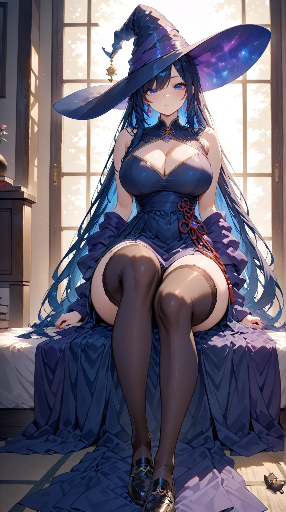 ultra High quality, masterpiece, ultra-detailed, black stockings, purple lingerie, purple panties, choker, headress, girl, solo, peaceful expression, long black hair, enchanting green eyes, fox ears, giant breasts, bedroom, big ass, big boobs