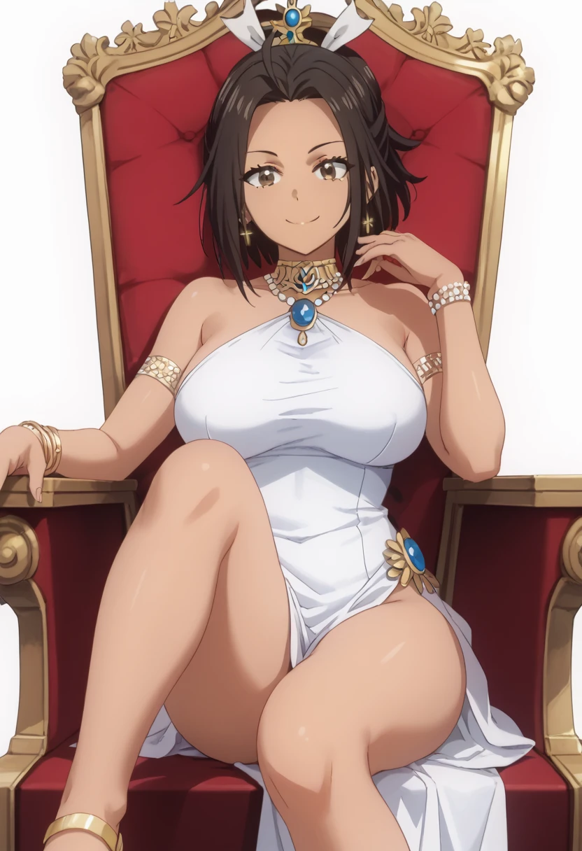 ((masterpiece)), beautiful, 1girl, full body, <lora:Detective Conan Sonoko:0.8> sonoko wearing an egyptian dress in the desert, egyptian dress, pelvic curtain, bare thighs, white dress, gold ornaments, cleavage, large breasts, short hair, desert as background