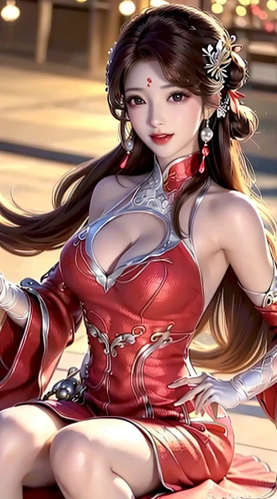 realistic, 1 women, best quality, 12k, HD, long hair, (big round breasts:1.5), cleavage, ponytail, necklace, jewelry, shorts, short jacket, slim hips, hair tie, yellow eyes, black hair, super detailed, Eye details, hair details, person details, mouth details, face details, breast details, clothes details, hair details, pants details, hand details, whole body