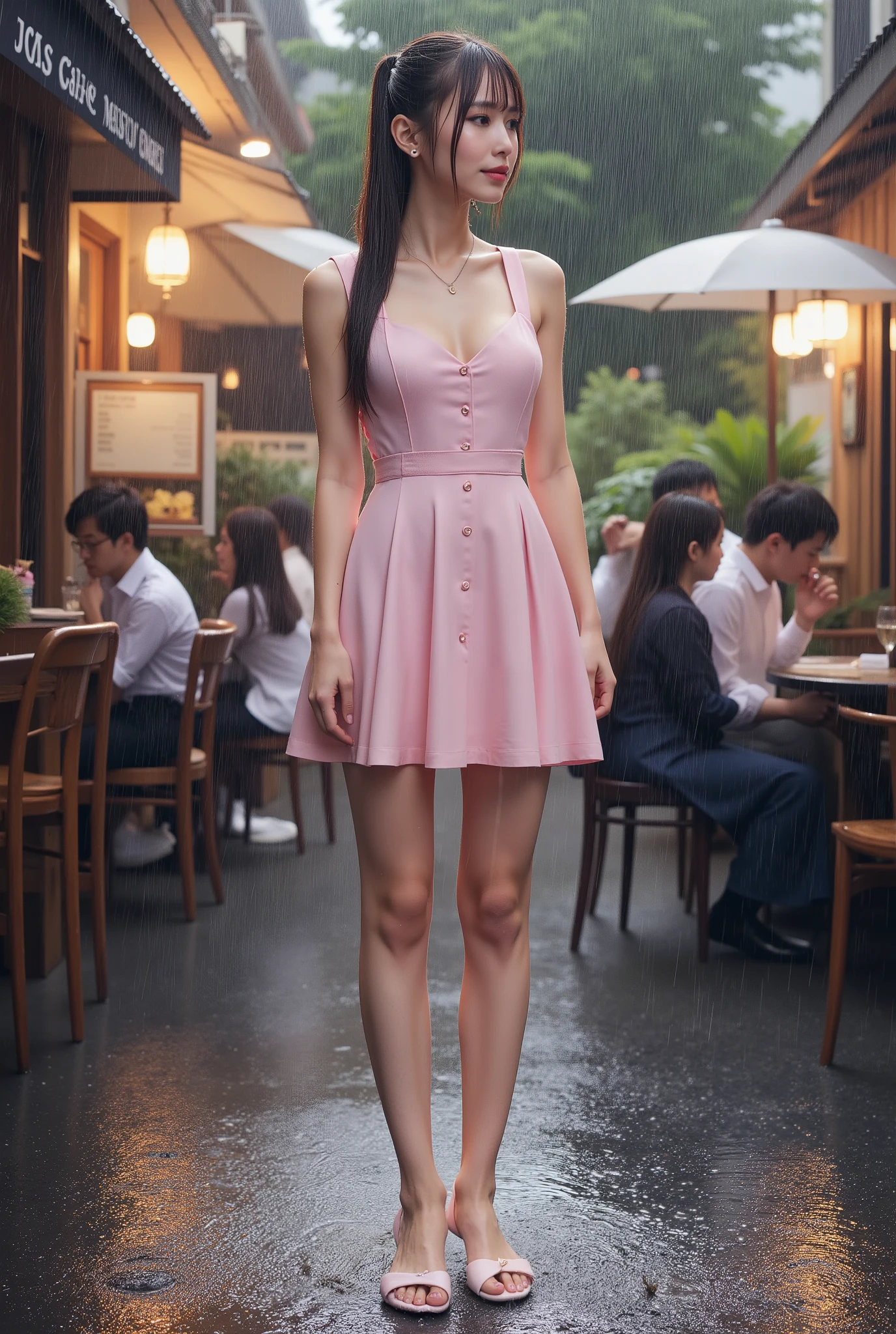 (Full body shot from a distance), (Sleeping in Front of a Cafe in Heavy Rain), (photorealistic:1.10), (full body portrait photo of a top Japanese idol taken by a professional:1.5), ((standing gracefully wet:1.8)), wet in the rain, Dress Wet in the Rain, Beautiful girl with wet hair , BREAK, stylish summery pink A-line dress, well-balanced slim slender body, Dramatic Movie Lighting , ultra clear focus, sharp focus, BREAK, Glowing purple eyes, long ponytail, legs are long and toned, Rain Shelter Background, Perfect, Beautiful, Realistic Skin, Elegant and Calm Expression, Beautiful, and Beautiful Realistic Skin , Visually Balanced, Highly detailed face and body, realistic F-cup nice chest proportions, Symmetrical facial features, Japanese idol,