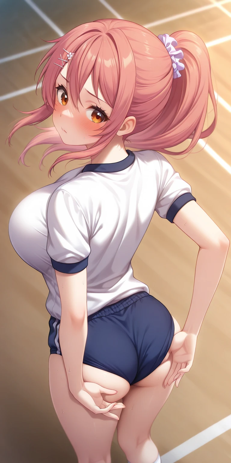 masterpiece, best quality, 1girl, nishikigi chisato, lycoris recoil, solo, fullback buruma, gym uniform, gym shirts, white t-shirts, huge breasts, big ass, looking at viewer, blush,