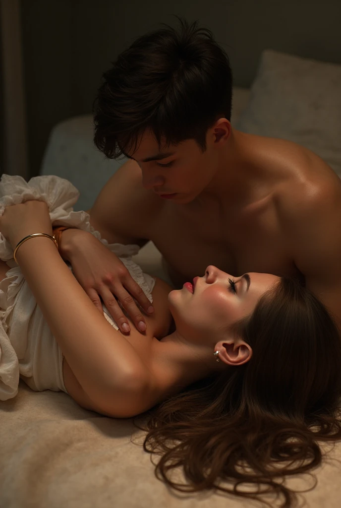 woman giving massage to a man, they are wearing a red outfit, dark and mysterious background, 4k, 8k, detail, ultra realistic