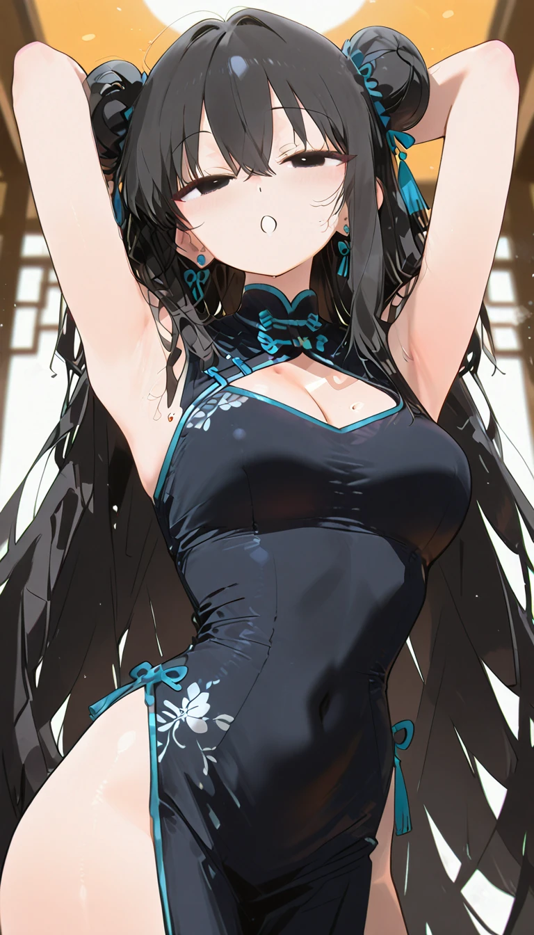 Twin tails、Highly detailed black cheongsam, Looks about 15 years old, (beautiful girl: 1.3),Highest quality,8k,Highly detailed CG unit wallpaper,masterpiece:1.2,top-quality,Ultra-high resolution,RAW Photos,real texture skin,Cinema Lighting,Embarrassing,blush, vapour,Wet,Sweat,Moist eyes,weak,Huge buildings,Metropolis,The girl is a delivery girl who delivers Chinese food to customers.,,Steam from cooking,,,Big, round, beautifully shaped butt,,((Booty pose)),(from below:1.3),(looking down, watching at Viewer:1.3),Her jacket comes off her shoulders, exposing her large breasts.,pasties