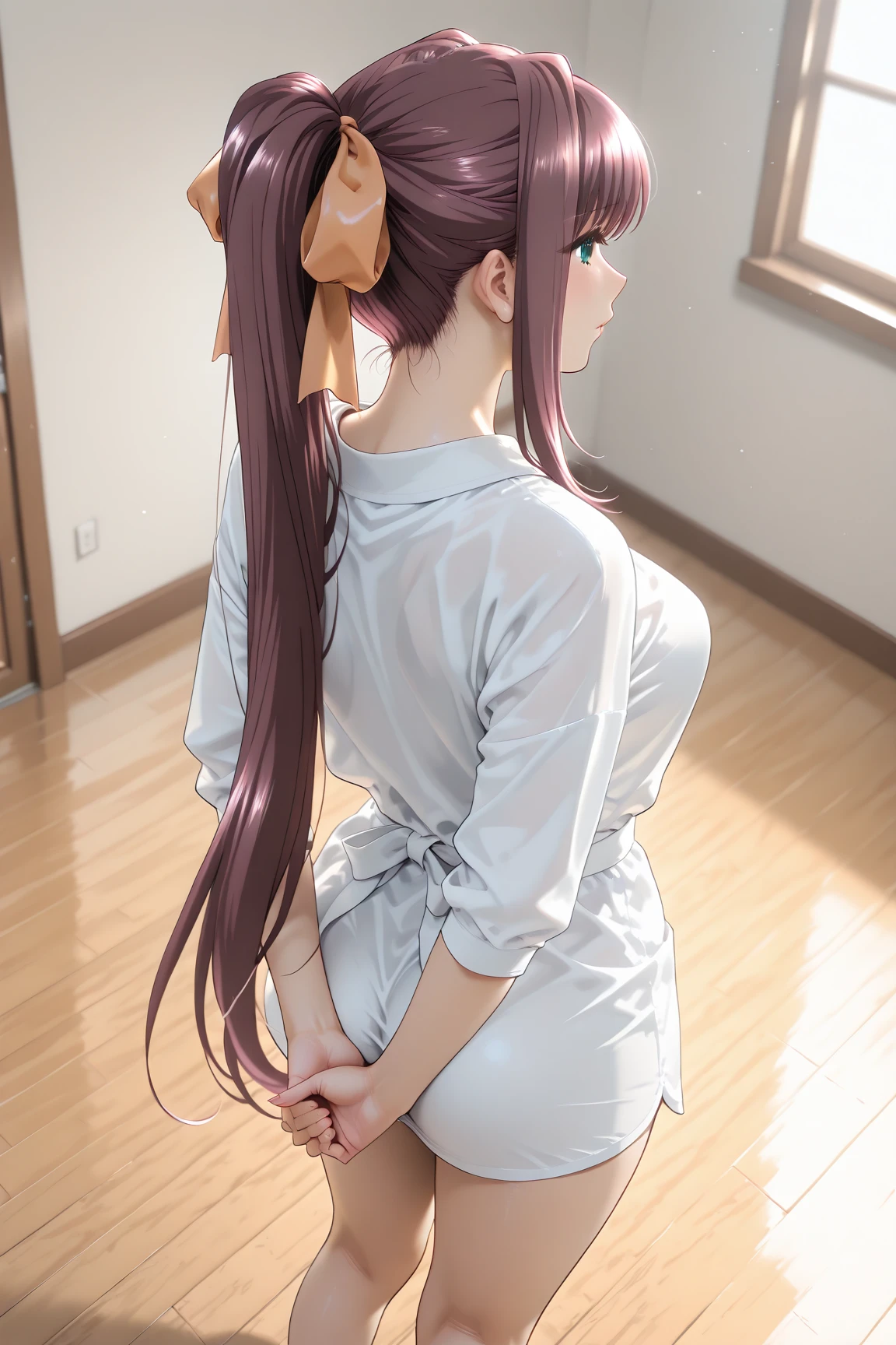 2 female,22 years old, brown hair,beautiful low ponytail hairstyle, (short skirt and tight white strapless shirt), short sleeve,,(slouch),(reisalin stout),(wide muscles),((sexy voluptuous butt)),((back view)),(sexy on bed view)
