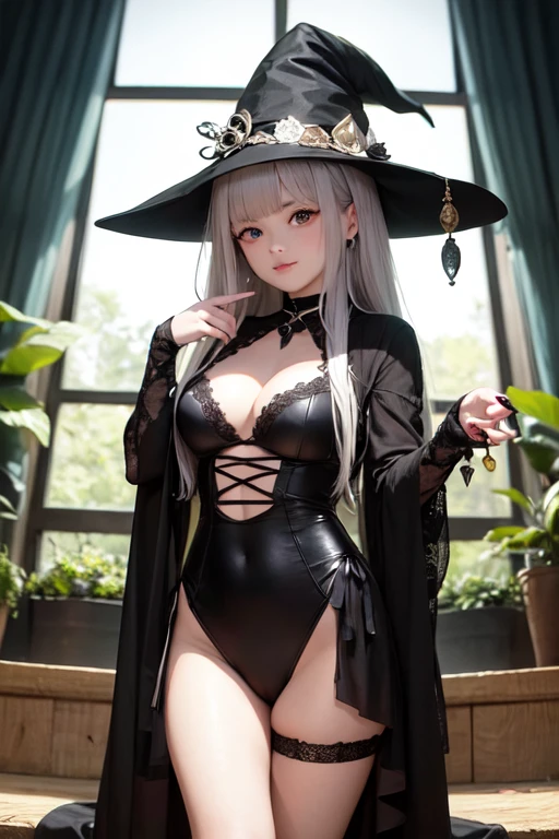 1girl,white hair,witch hat,solo,large breasts, chaosphcos,indoors,bedroom,standing,bare_arms,cowboy shot, <lora:ChaosPurpleHeartCosplayV1:1>,bedroom,, masterpiece, best quality,incredibly absurdres, 1girl,