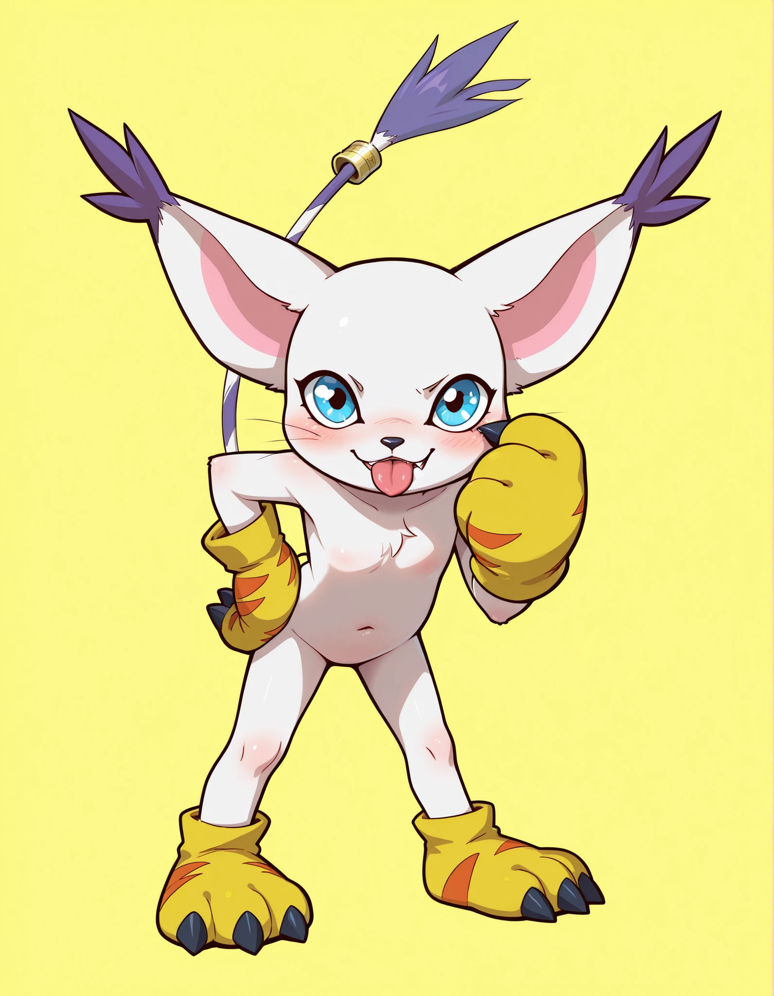safe, digimon, gatomon, felid, feline, mammal, absurd res, full-length portrait, hi res, portrait, black nose, blue eyes, blush, clothing, cute fangs, dipstick ears, ear tuft, eyelid pull, eyelid pull taunt, featureless crotch, front view, glistening, glistening eyes, gloves, gloves only, hand on hip, handwear, handwear only, leaning, leaning forward, looking at viewer, looking up, markings, mostly nude, multicolored ears, paw gloves, plantigrade, raised tail, simple background, solo, standing, striped markings, striped tail, stripes, tail, tail markings, tail tuft, tongue, tongue out, tuft, whiskers, yellow background,, gatomon, white fur, big yellow gloves, tail ring, paw gloves, claws