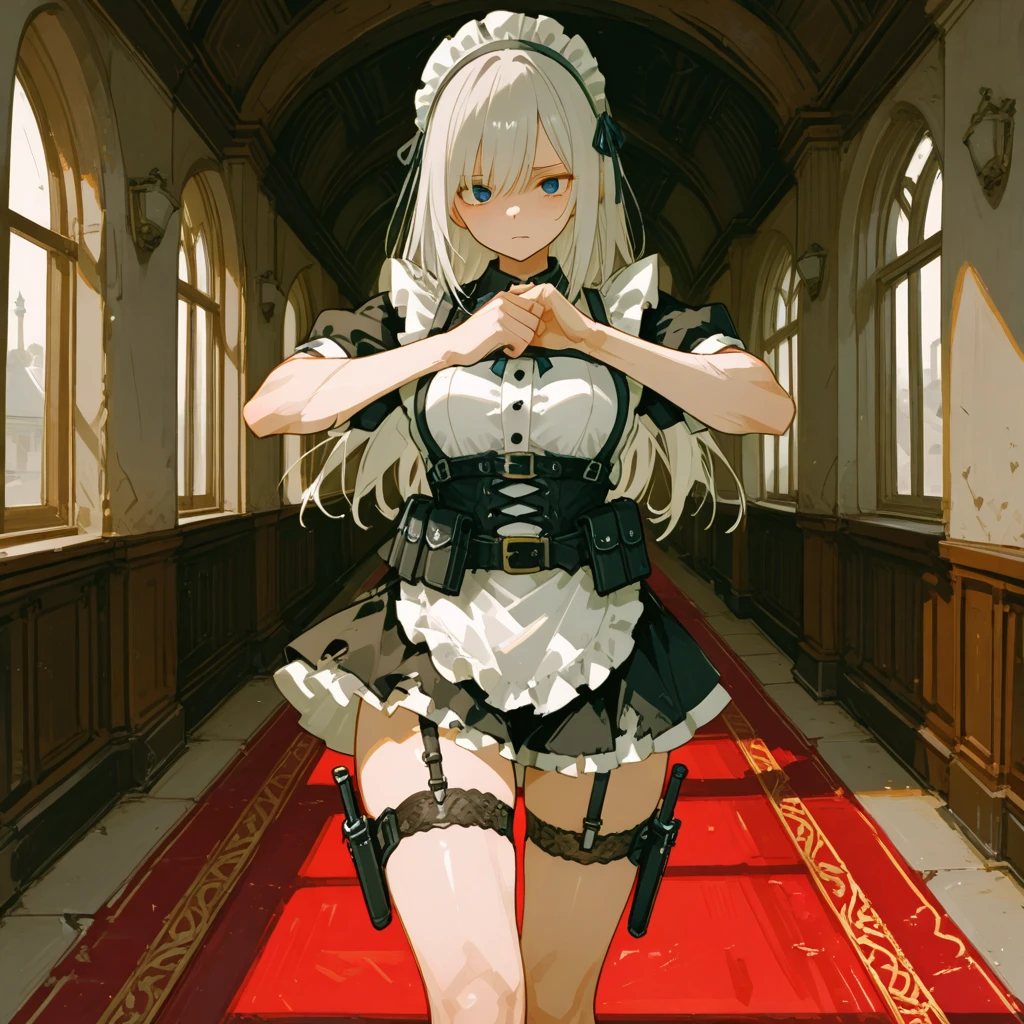(1girl, apron, assault_rifle, black_gloves, black_legwear,blue_eyes, breasts, dress,gloves, hair_between_eyes, looking_at_viewer, maid, maid_apron, maid_headdress, open_mouth, rifle, solo, thighhighs, window)