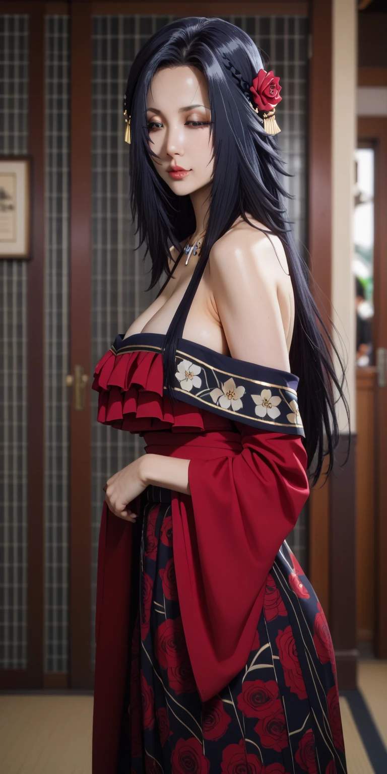 “A beautiful woman with long black hair and fair skin, wearing thin red eyeshadow. She exudes a captivating and alluring atmosphere, with rouge lipstick. She sticks out her tongue and licks a knife held in her hand. She is dressed in a traditional Japanese kimono, which is slightly open at the shoulders. The background is luxurious and magnificent.”