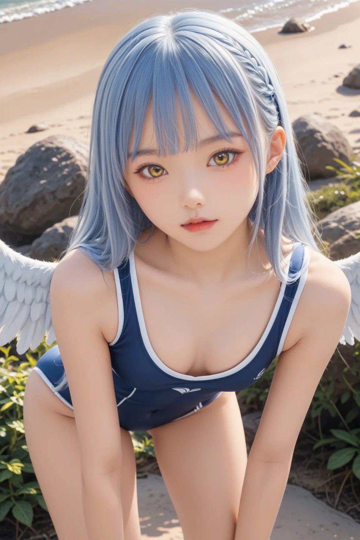 18year old, childish, Lori, Leprechaun, White hair: long, Blue eyes, small tits, barechested, Hair Accessories, Seductive smile, Gaze, Head tilt, behind arms, (slim), (thin legs: Open legs), high detailing, Best Quality, masutepiece, Detailed , cumulonimbus clouds, beautiful details glow, crystal texture wings