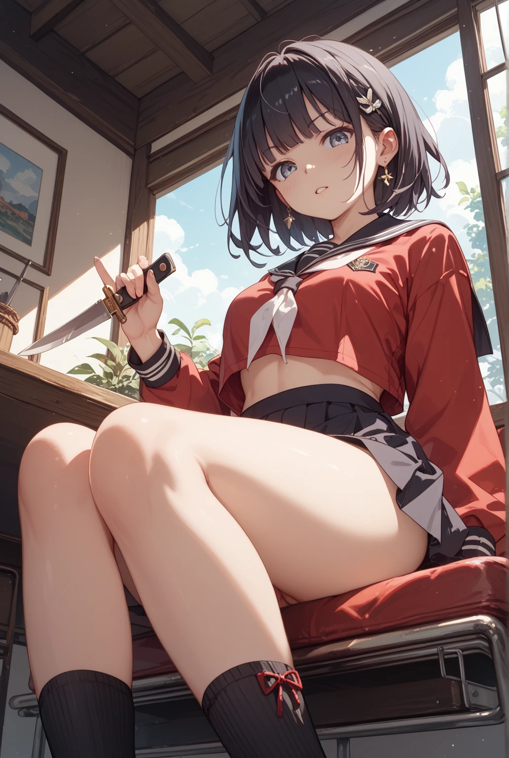 masterpiece, highest quality, High resolution, question 1, 1 girl, alone, hair ring, green eyes, Pom Pom Hair Ornament, sailor collar, long sleeve, Striped jacket,bob hair, vertical_striped skirt, vertical stripes, beret, blush,smile, wearing randoseru backpack,Clothes are transparent,nipple,big breasts,young girl,Clothes are transparent 、、Kindergarten children、sit with your legs apart、Cute patterned panties