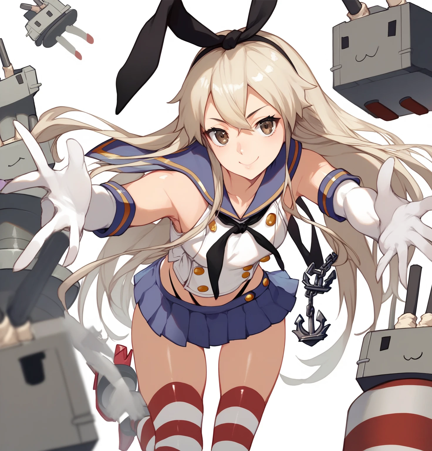 best quality, masterpiece, highres, solo, {shimakaze_kantaicollection:0.90}, 1girl, :3, >_<, black_panties, brown_eyes, closed_eyes, elbow_gloves, lifebuoy, looking_at_viewer, skirt, striped_thighhighs, white_gloves, anchor, blush, navel, midriff, yellow_eyes
