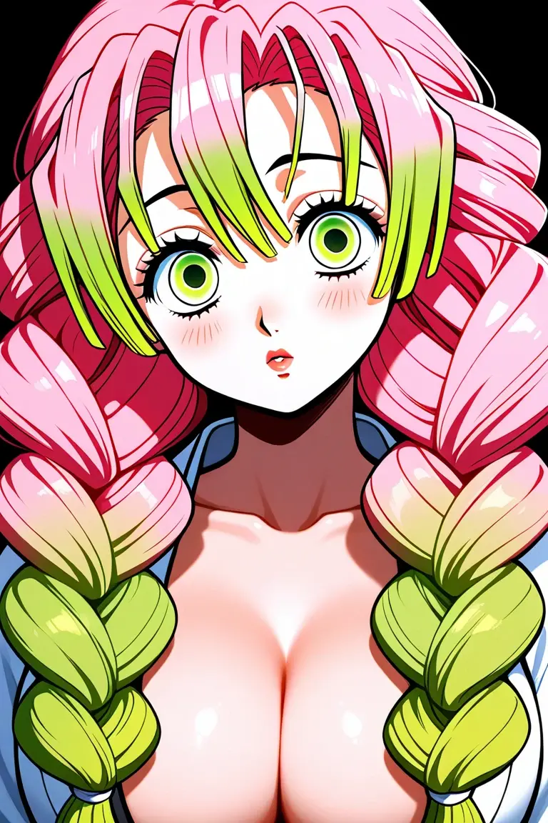 (masterpiece, best quality), intricate details,
MitsuriKanroji, kanroji mitsuri, 1girl, solo, long hair, winking, green eyes, pink hair, braid, green hair, twin braids, smile, cute smile, blushed smile, blush, blushing, large breast, huge breasts, bikini top, collarbone, neck, bare shoulders, pink bikini top, cleavage, top angle, shot from above, perfect shot, plain background, white background, photoshoot, complete head in frame, zoomed out, top of head, perfect shot, perfect framing, background