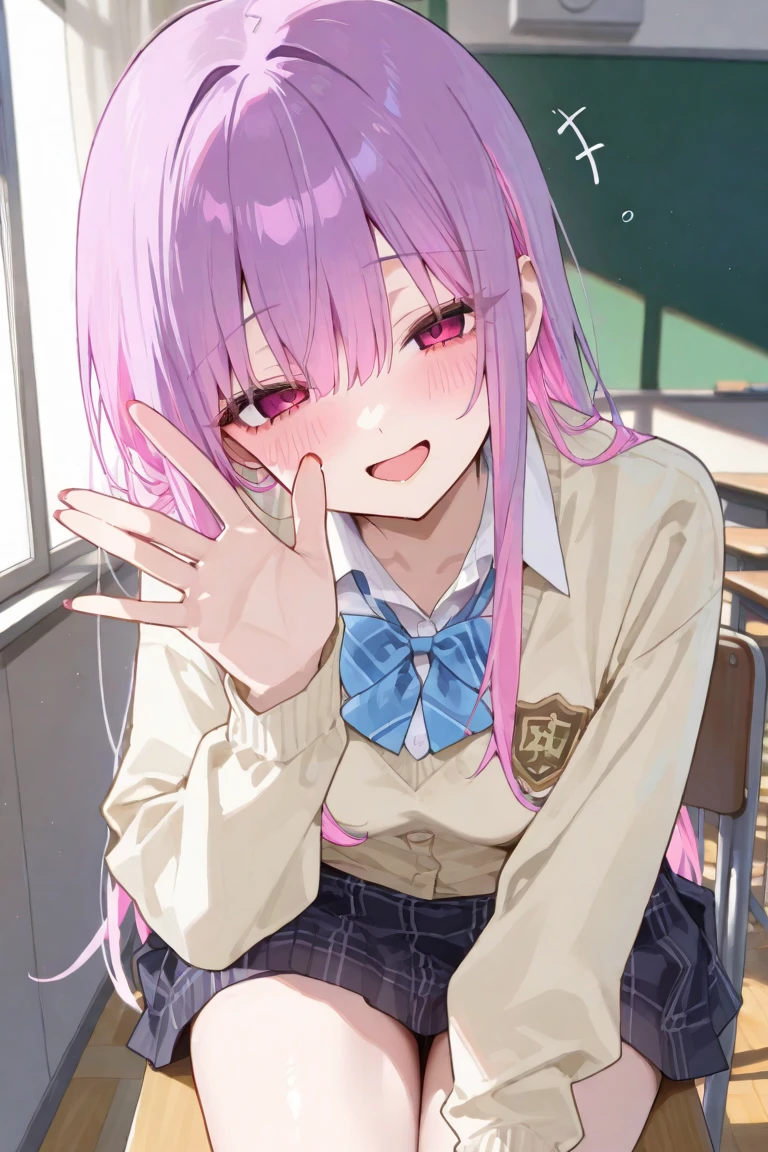 <lora:ChiakiDGv3:0.8>, ChiakiDG, masterpiece, solo, 1girl, looking at viewer, long sleeves, classroom, smile, (black jacket:1.2), pink eyes, eyebrows visible_through hair, pink ribbon, official style, ((track suit)),