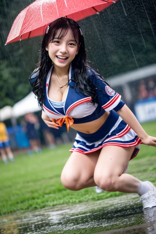 The heavy rain has left my hair, face and clothes soaked. Rain-soaked face or dripping water masterpiece、超High resolution、well done!、彼女 has a very cute face and a young figure like an idol.18 year old Japanese cheerleader、Gentle and cute、A gentle smile is wet with rain、She is a member of the cheerleading club、Cheerleader uniforms are bikini-type, exposing cleavage clearly.、Sucking rain soaked Cheering on a soccer match as a rear leader in the heavy rain She kneels on the soccer field in support. large size bust、whole body、RAW Photos、Genuine、High resolution、Life、No copyright notice
