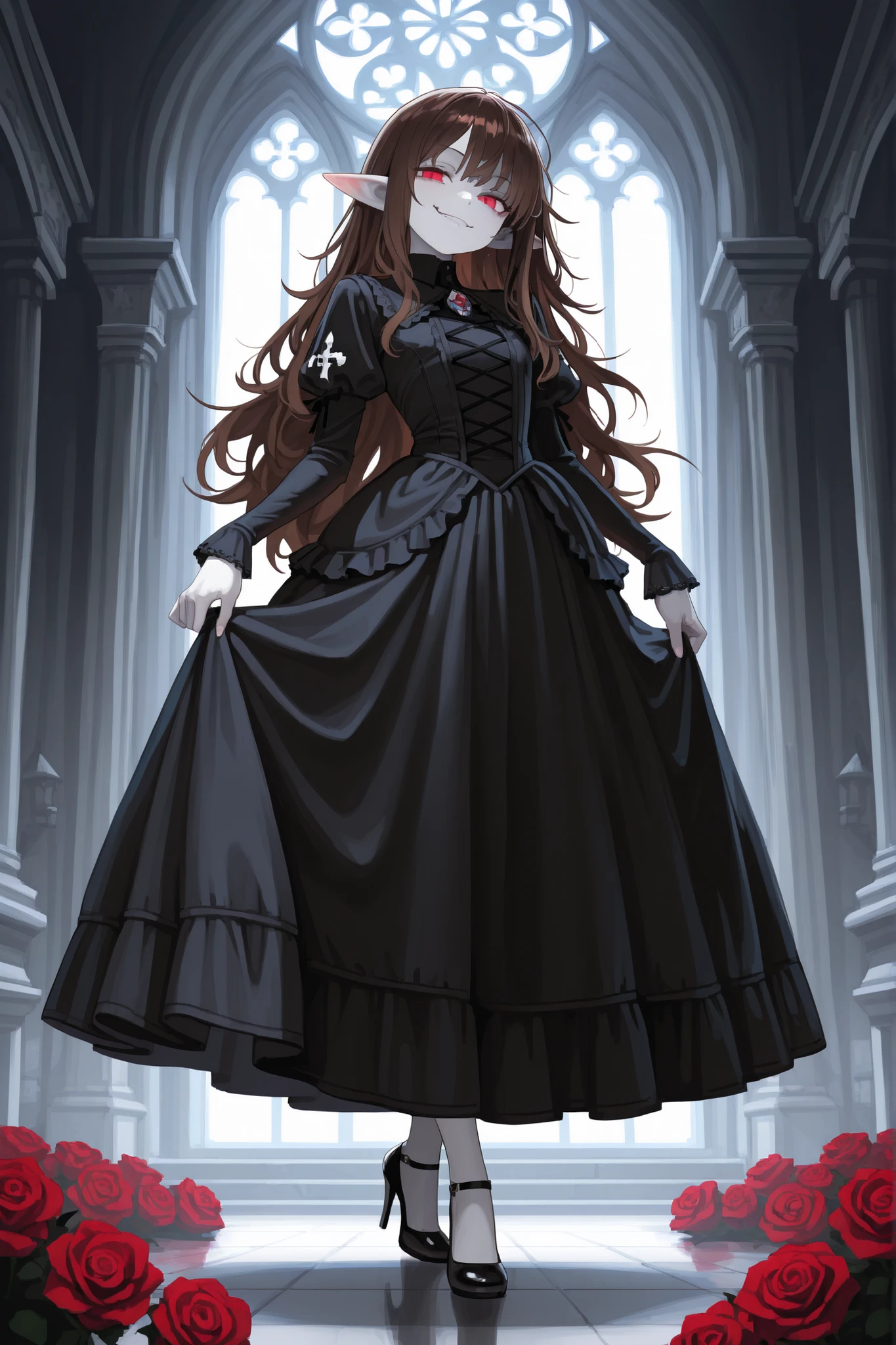 masterpiece , best quality , amazing quality , very aesthetic, woman, white skin, pale skin, tall, rounded elf ear, red eyes, drooping eyes, cold look, white pupil, feline pupil, long messy hair, brown hair, bangs, sharp canines, smirk, black gothic dress, heels, background magical castle, roses