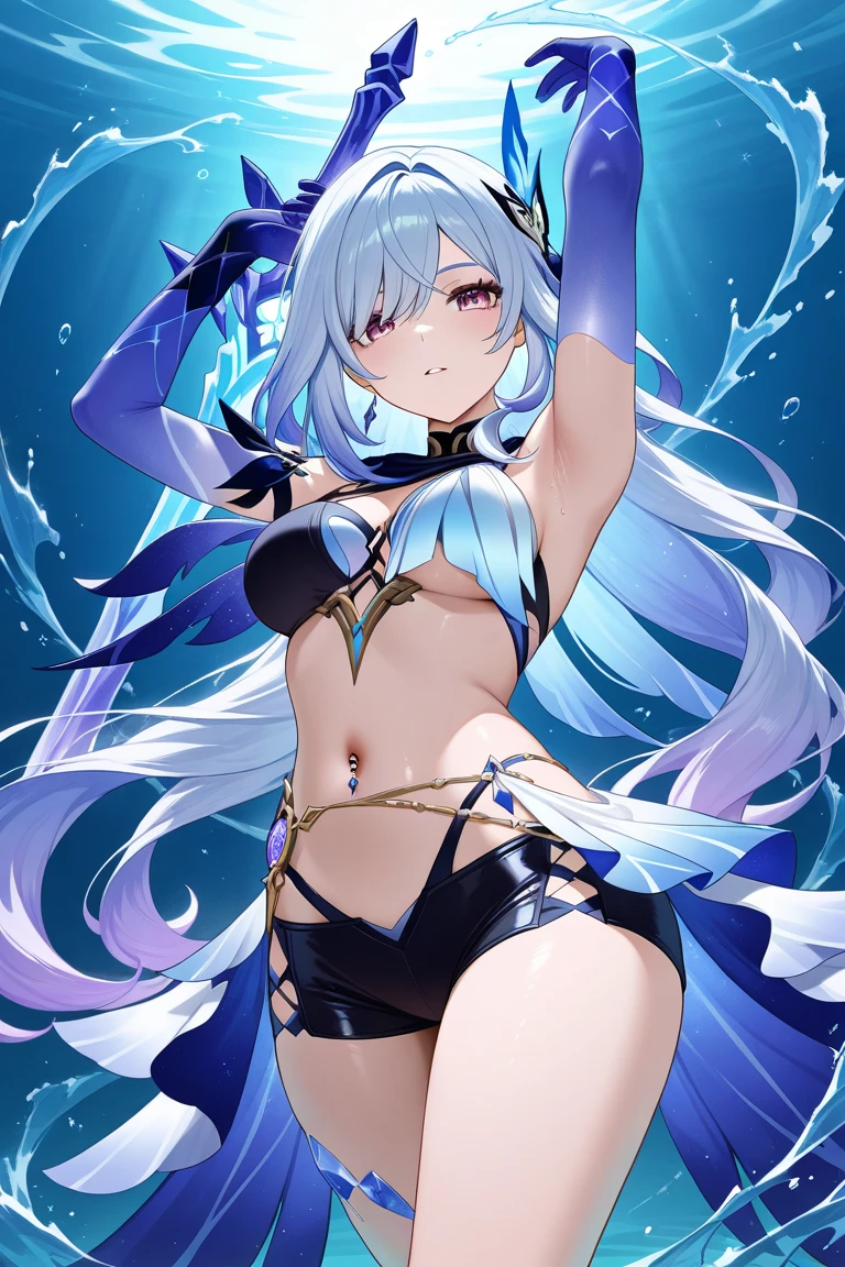 best quality, masterpiece, <lora:LamiaPGR:0.7>lamiapgr, looking at viewer, blue hair, red eyes, black bra, hair buns, looking at viewer, bubbles, underwater, cowboy shot,